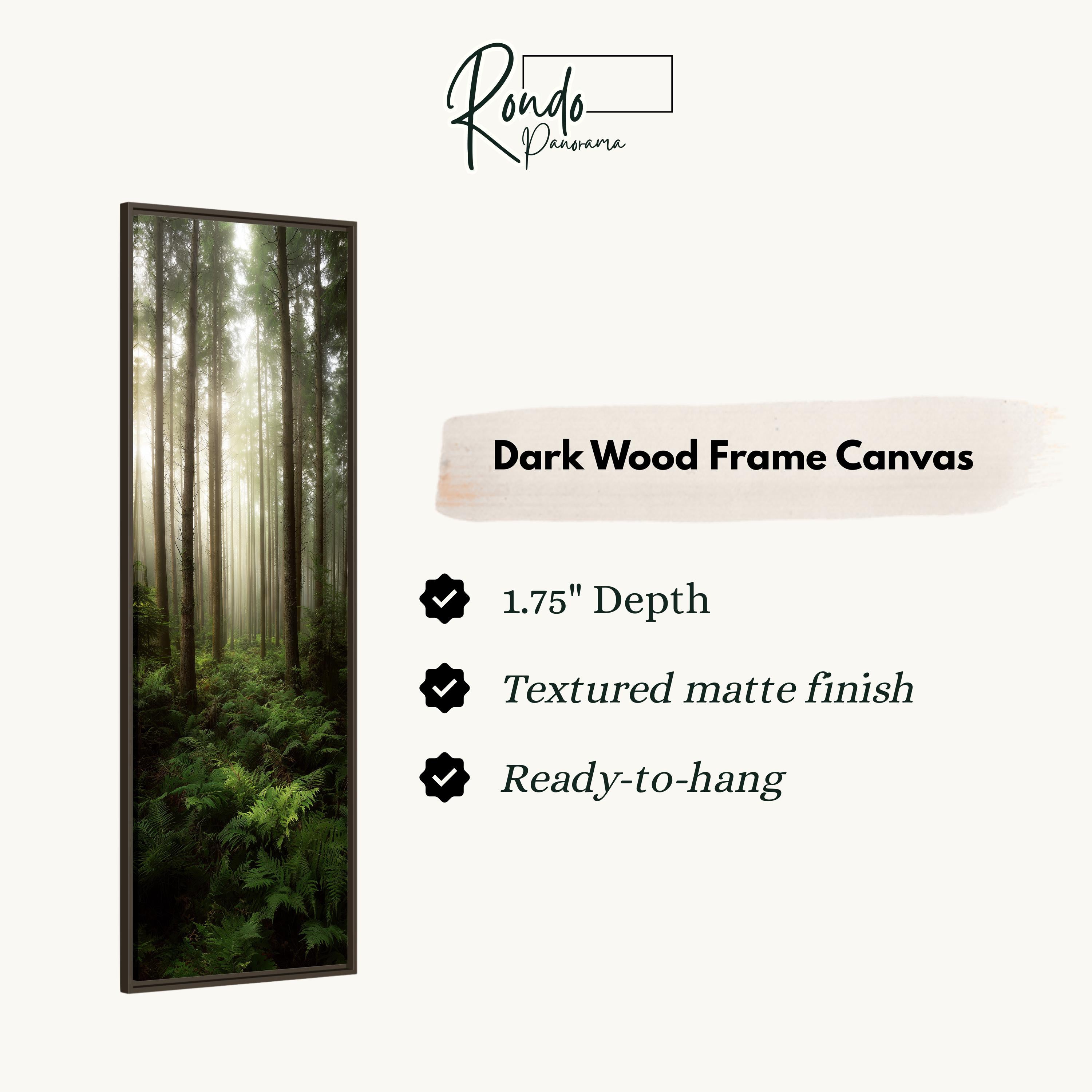 The image is a dark wood frame canvas depicting a forest scene with tall trees and lush greenery.