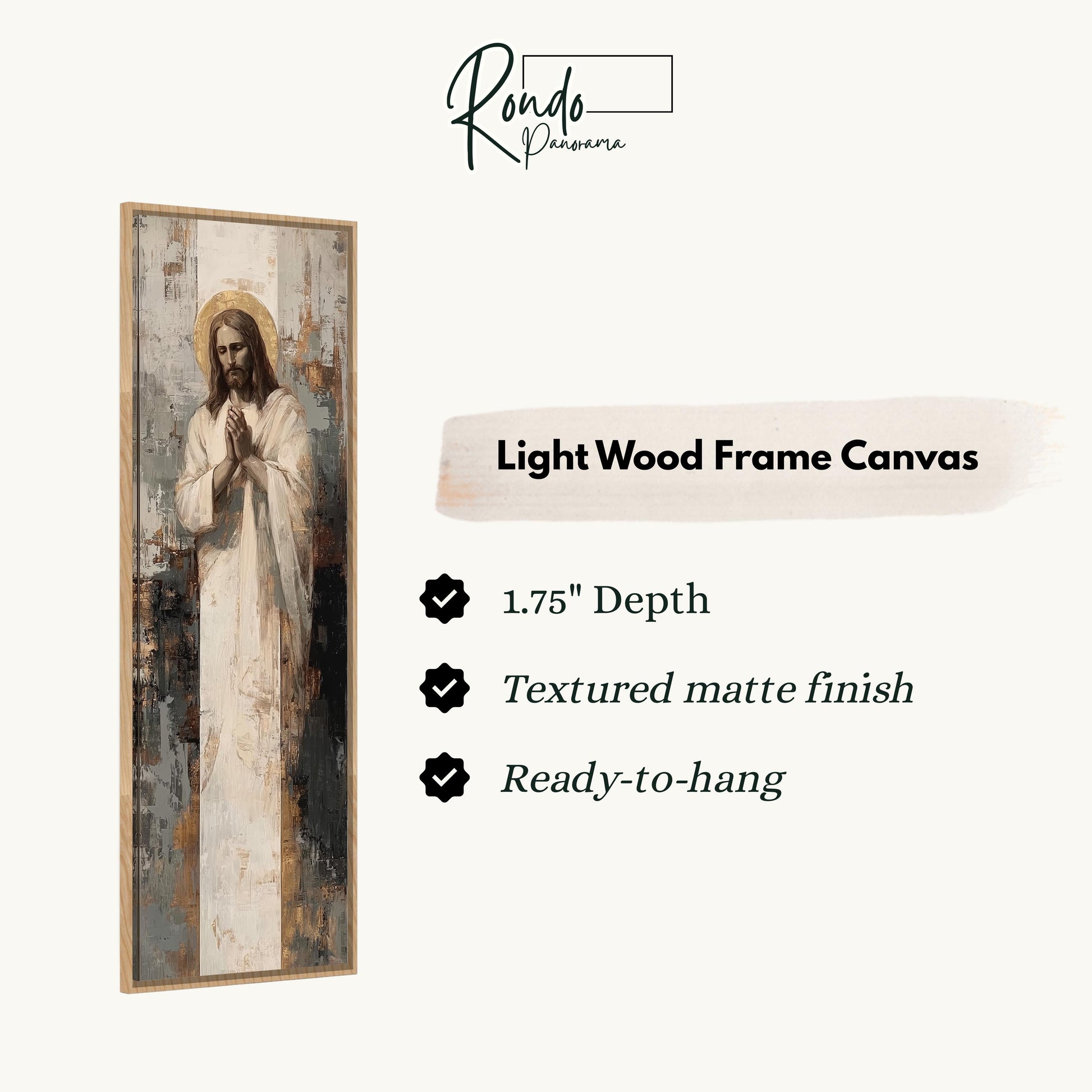 The image is a light wood frame canvas depicting a painting of Jesus Christ.