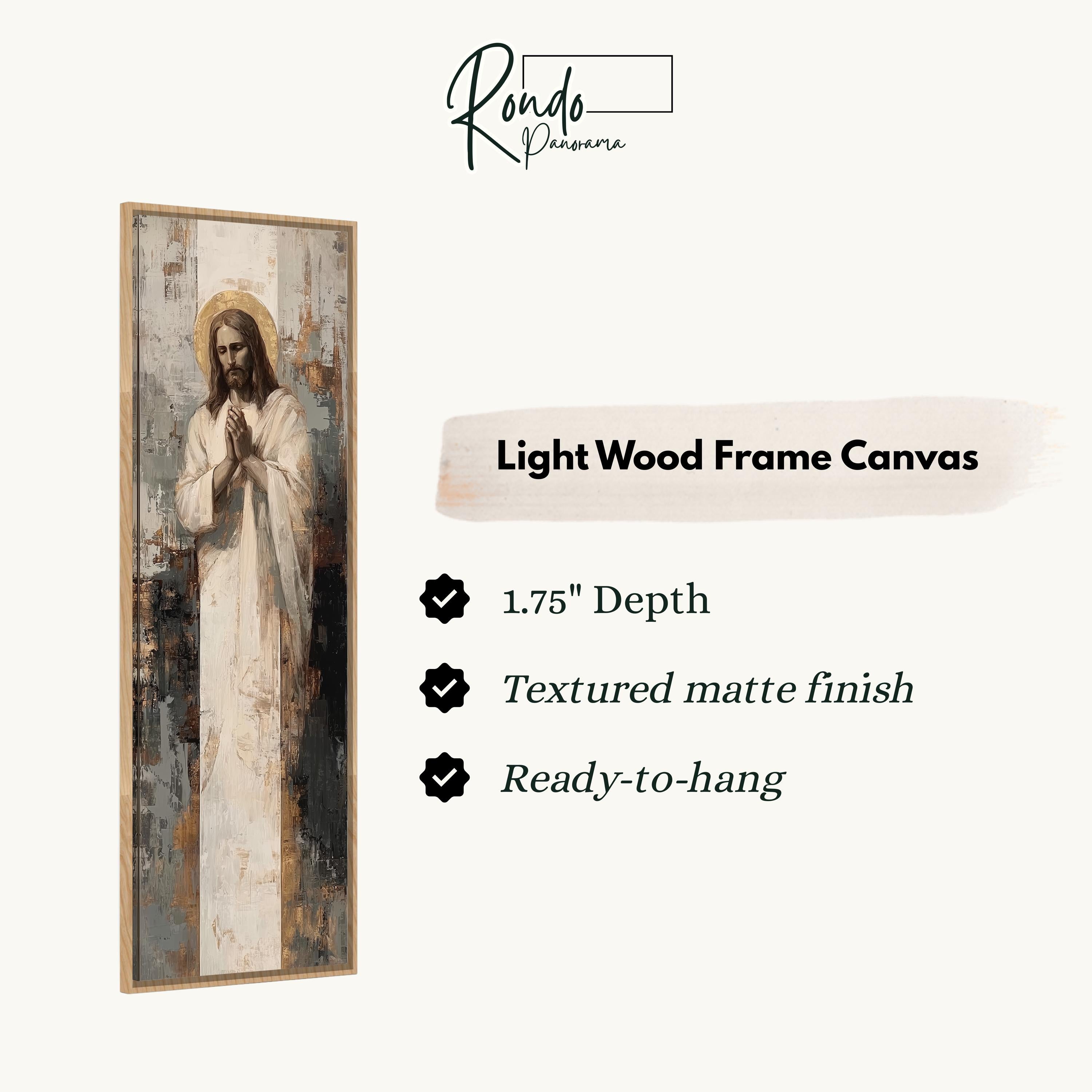 The image is a light wood frame canvas depicting a painting of Jesus Christ.