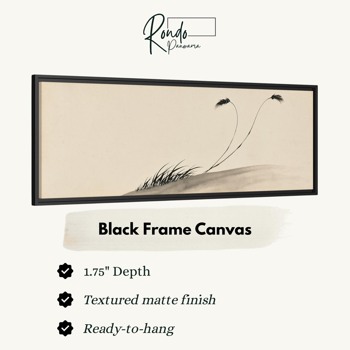 Two birds perched on bending ink reeds canvas print in a black floating frame
