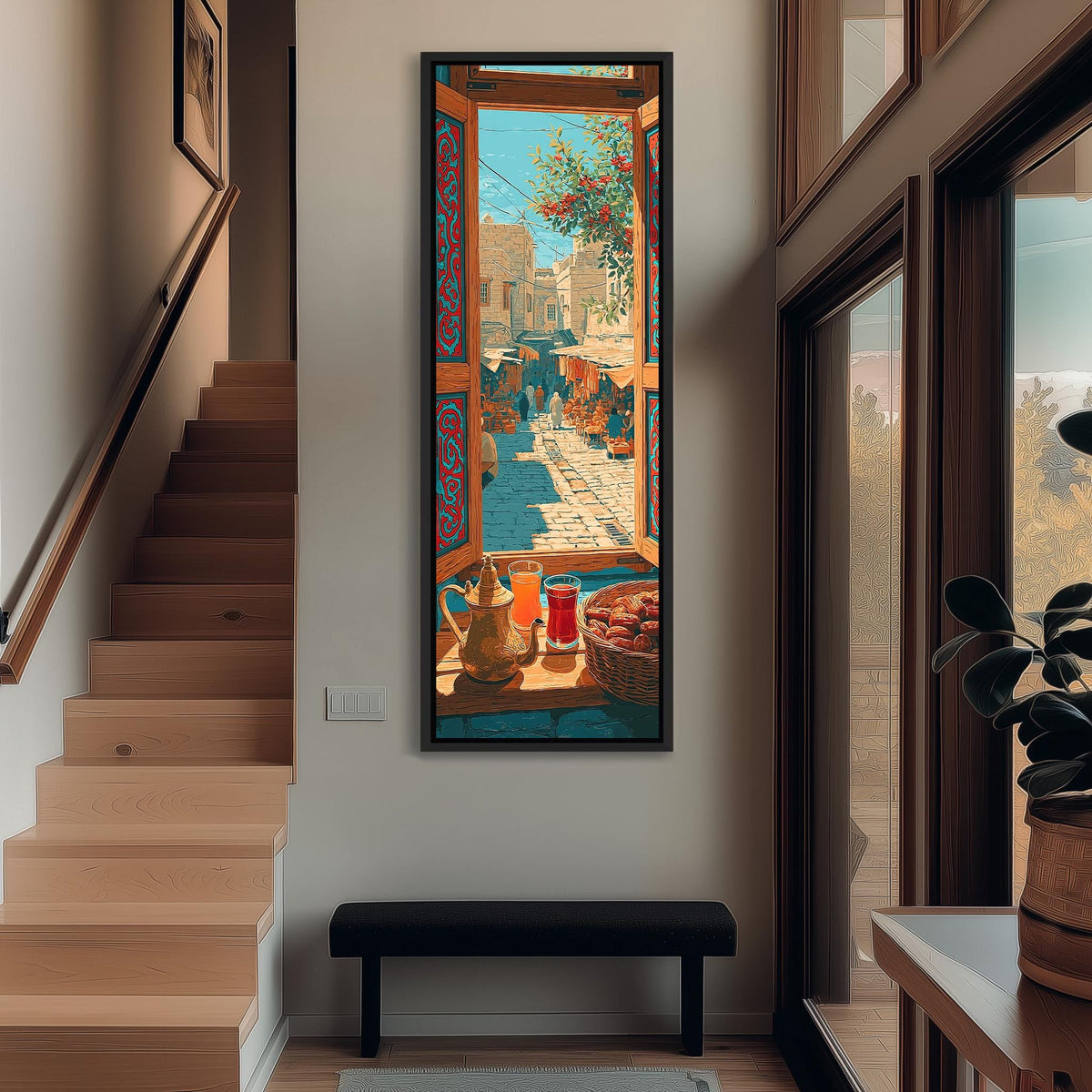 Moroccan market street seen from a window with tea tall narrow canvas print beside a staircase in an entryway