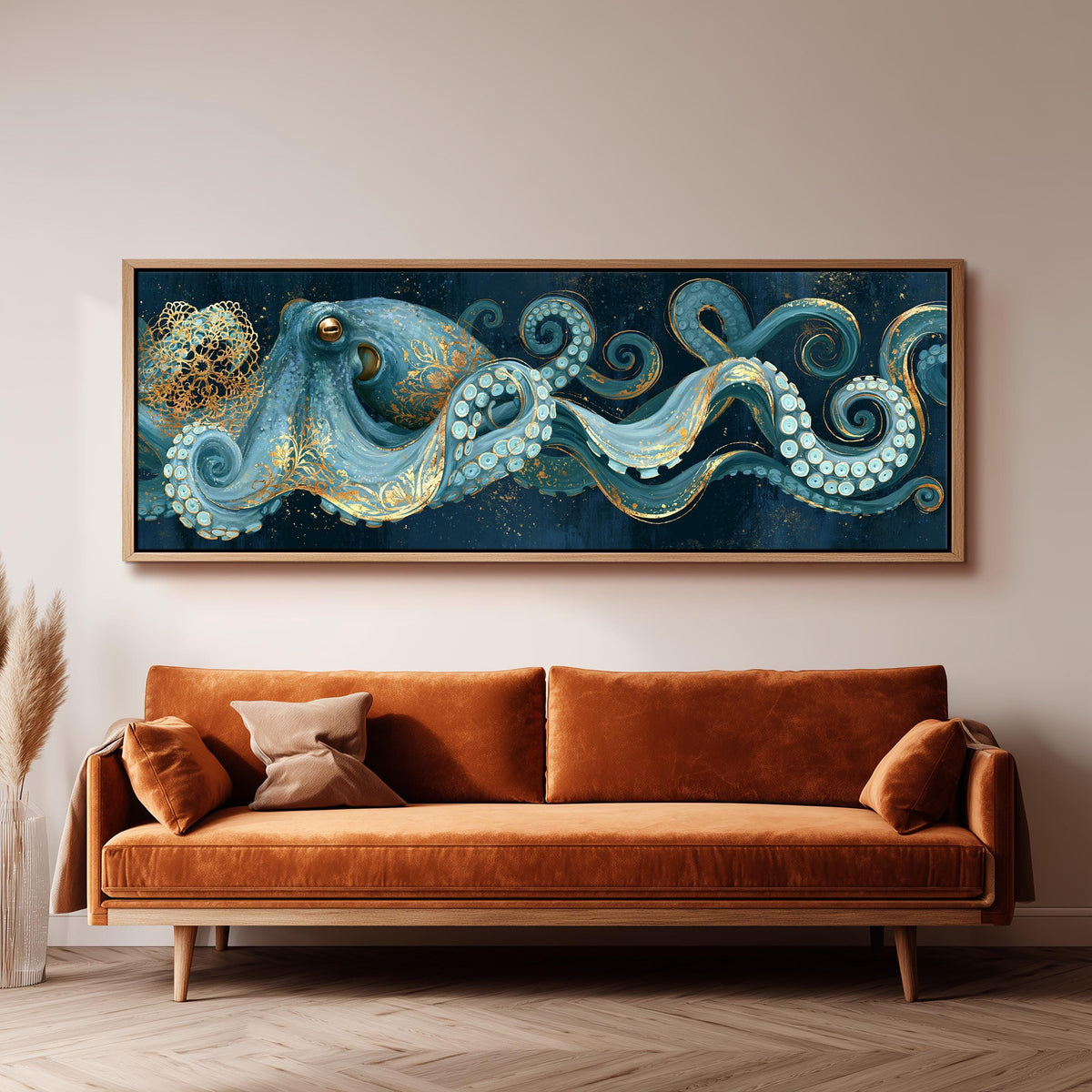 Blue and gold octopus panoramic canvas print above a sofa in a living room