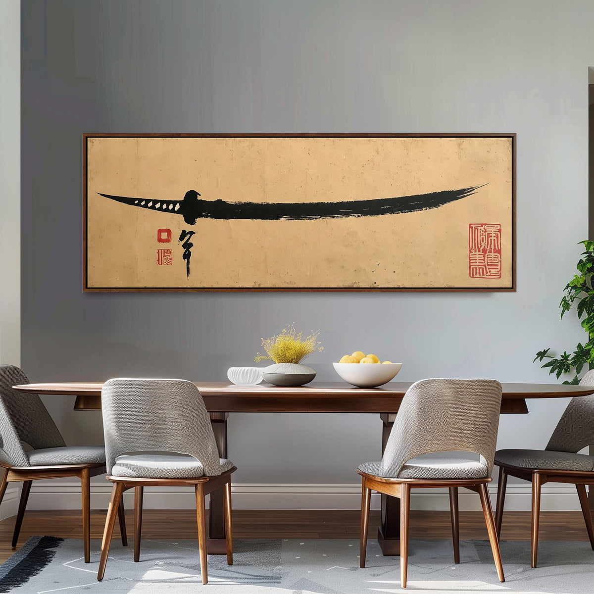Ink brush katana panoramic canvas print above a white sofa in a bright living room