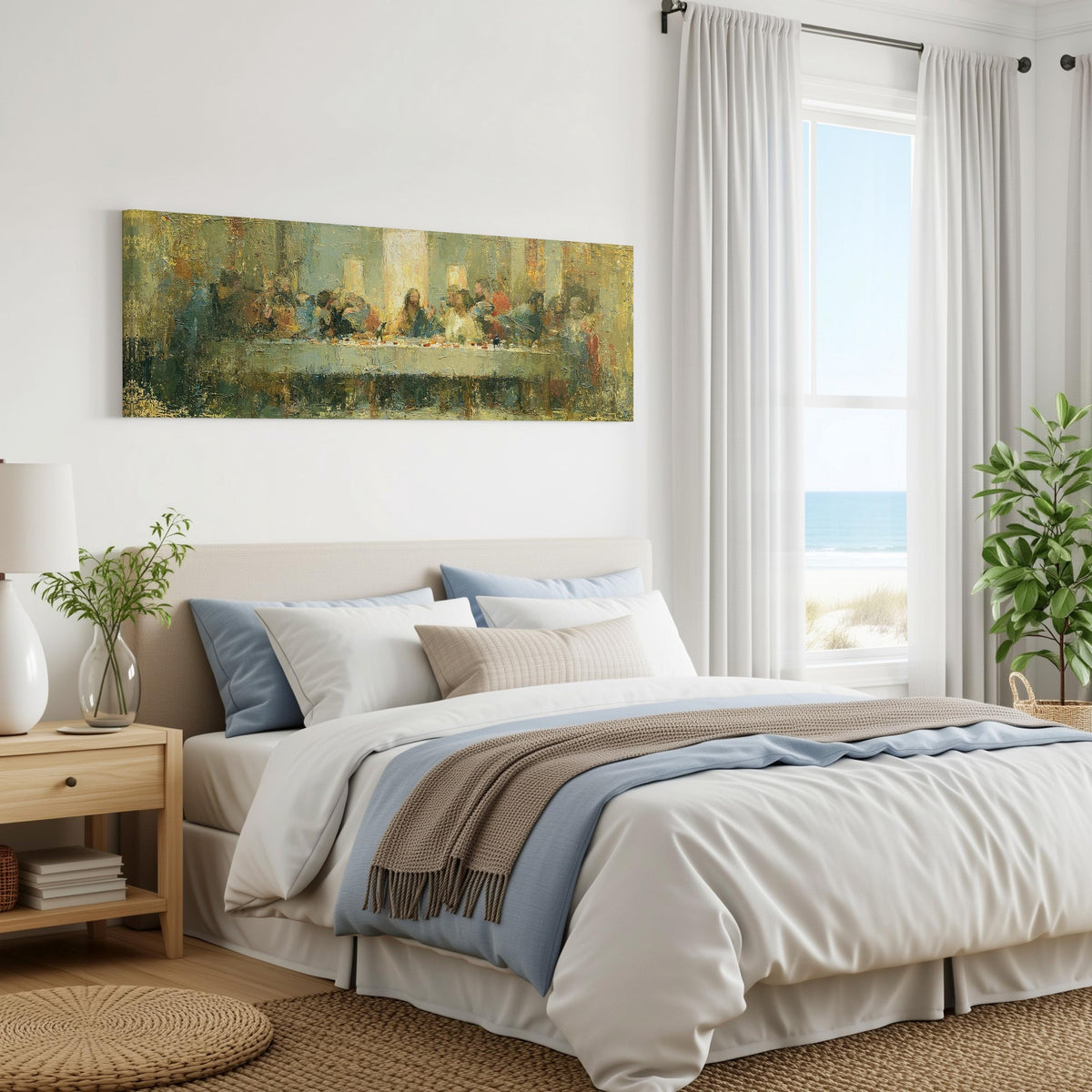 The Last Supper in golden impasto texture panoramic canvas print above a bed in a coastal bedroom