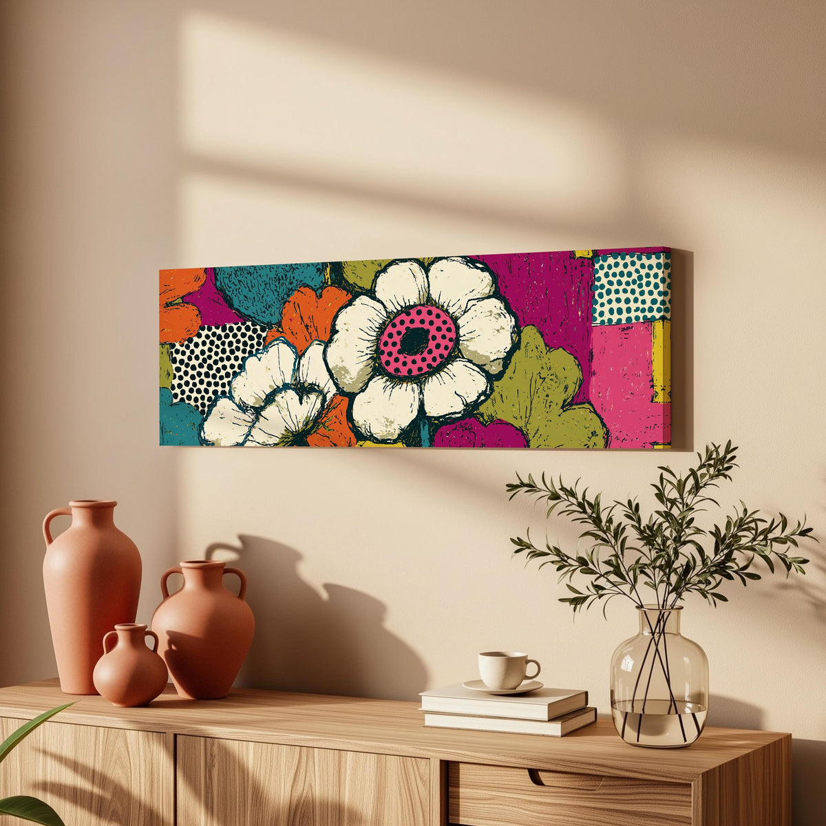 Bold pop blossoms long horizontal canvas print above a wooden sideboard