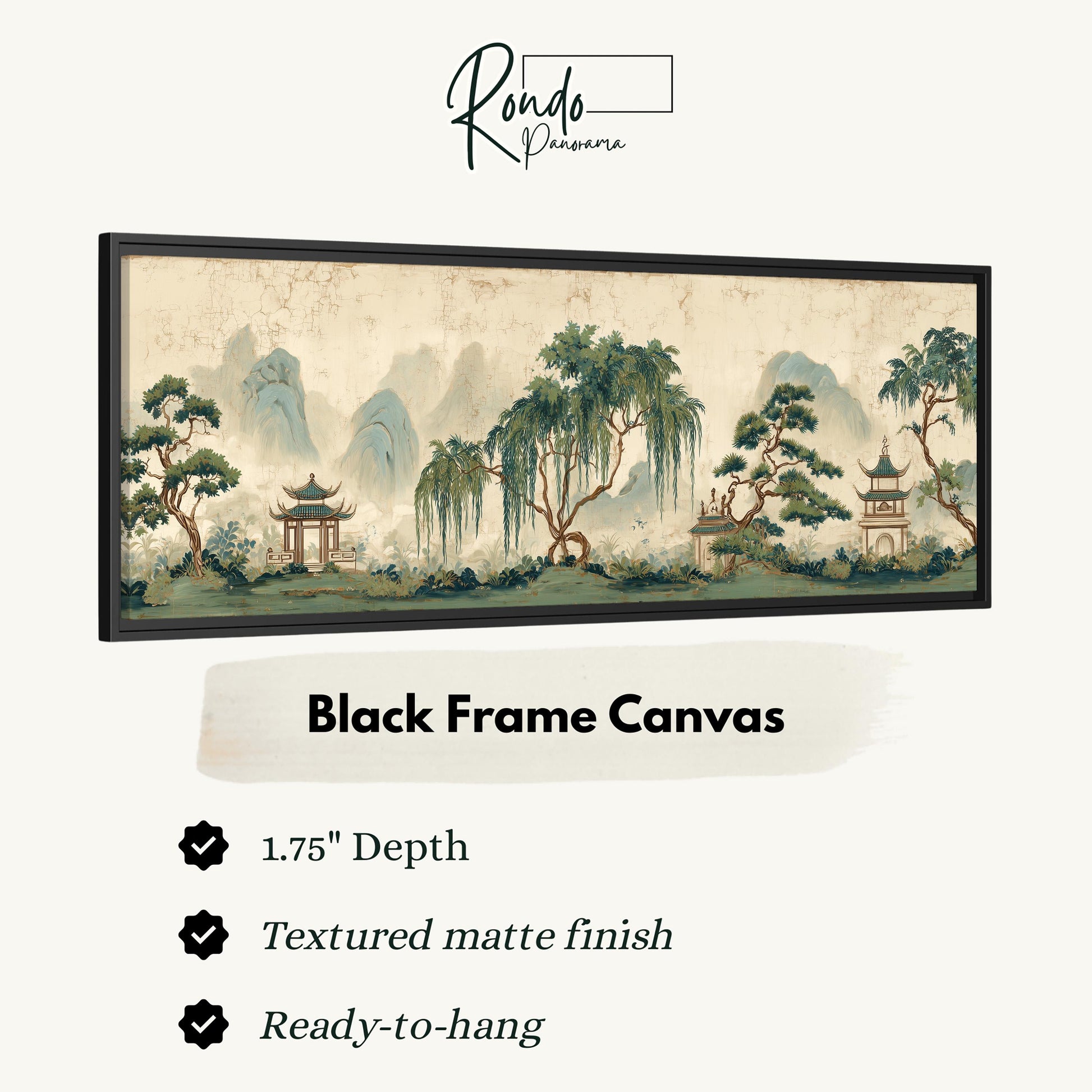 The image is a black frame canvas depicting a serene landscape with mountains, trees, and pagodas.