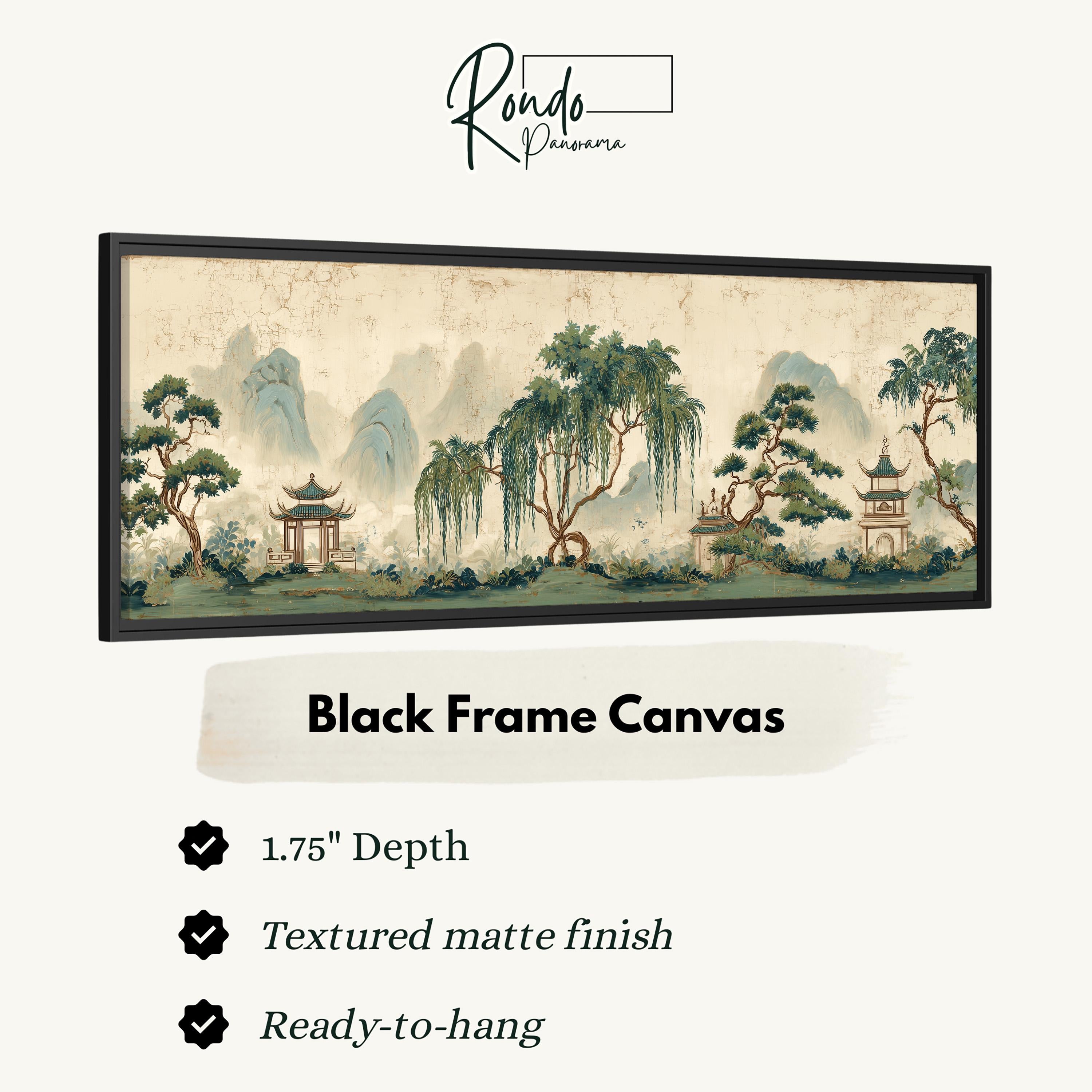The image is a black frame canvas depicting a serene landscape with mountains, trees, and pagodas.