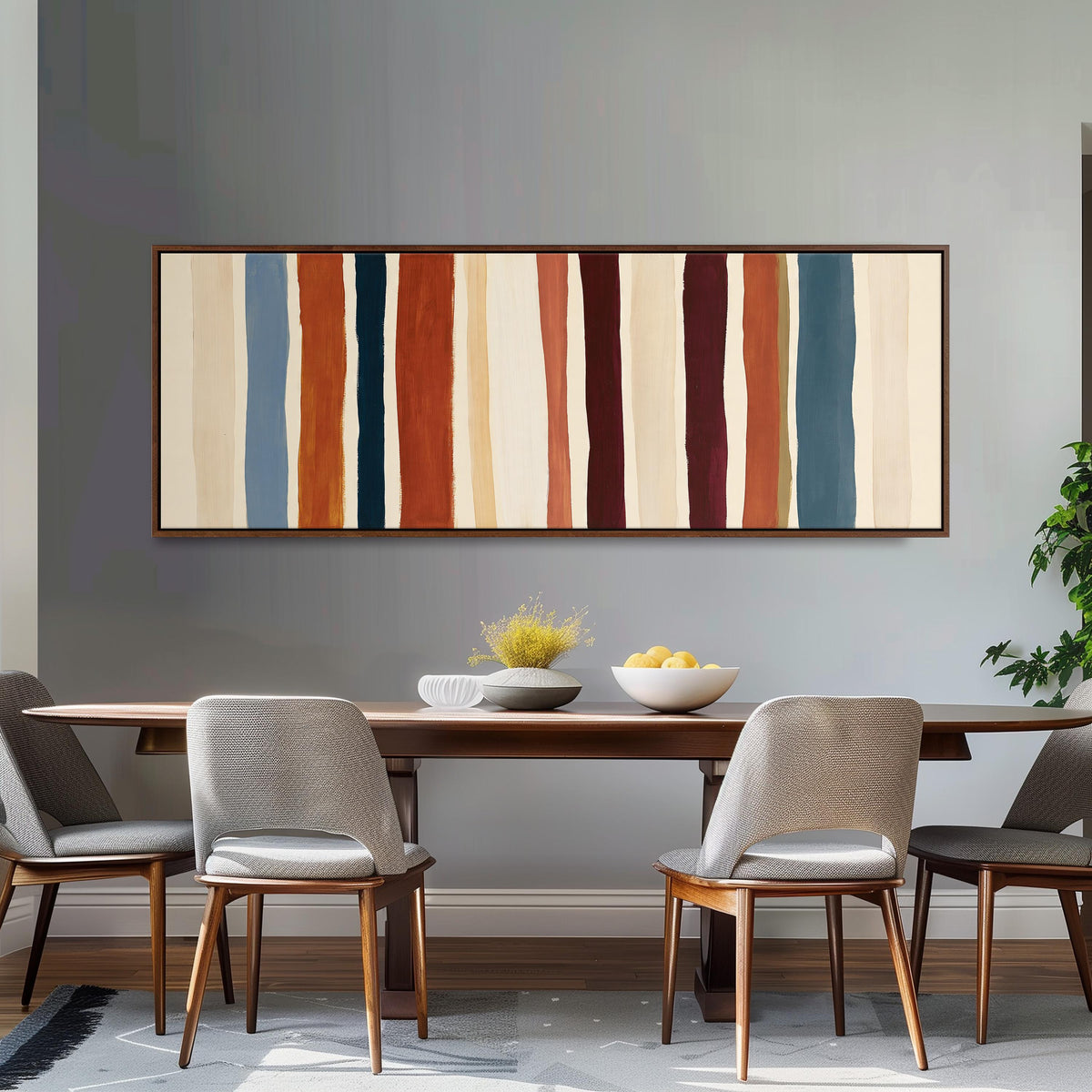 Rust, navy and maroon stripes long horizontal canvas print above a dining table