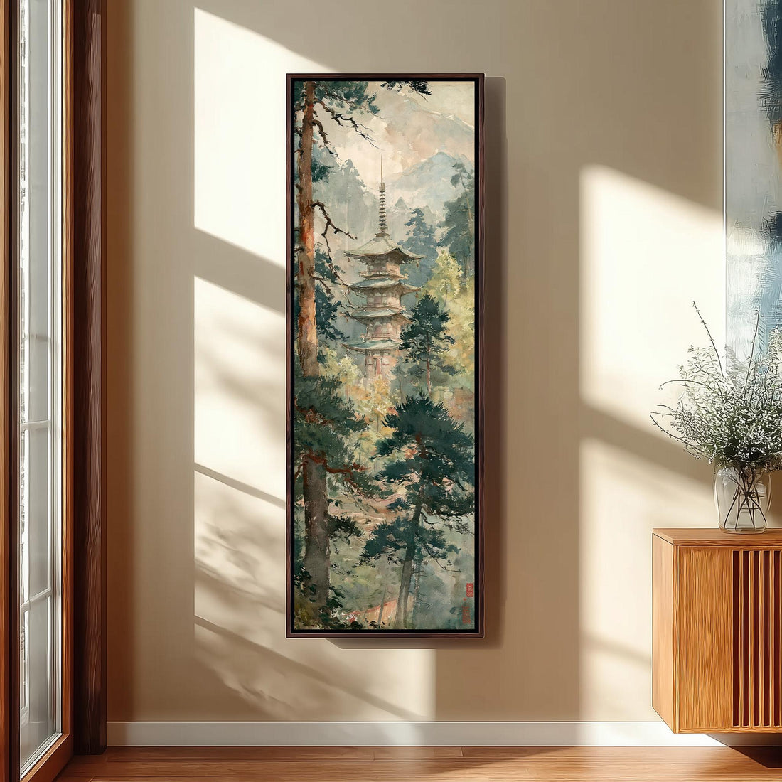 Pagoda in a misty pine forest long vertical canvas print in a sunlit living space