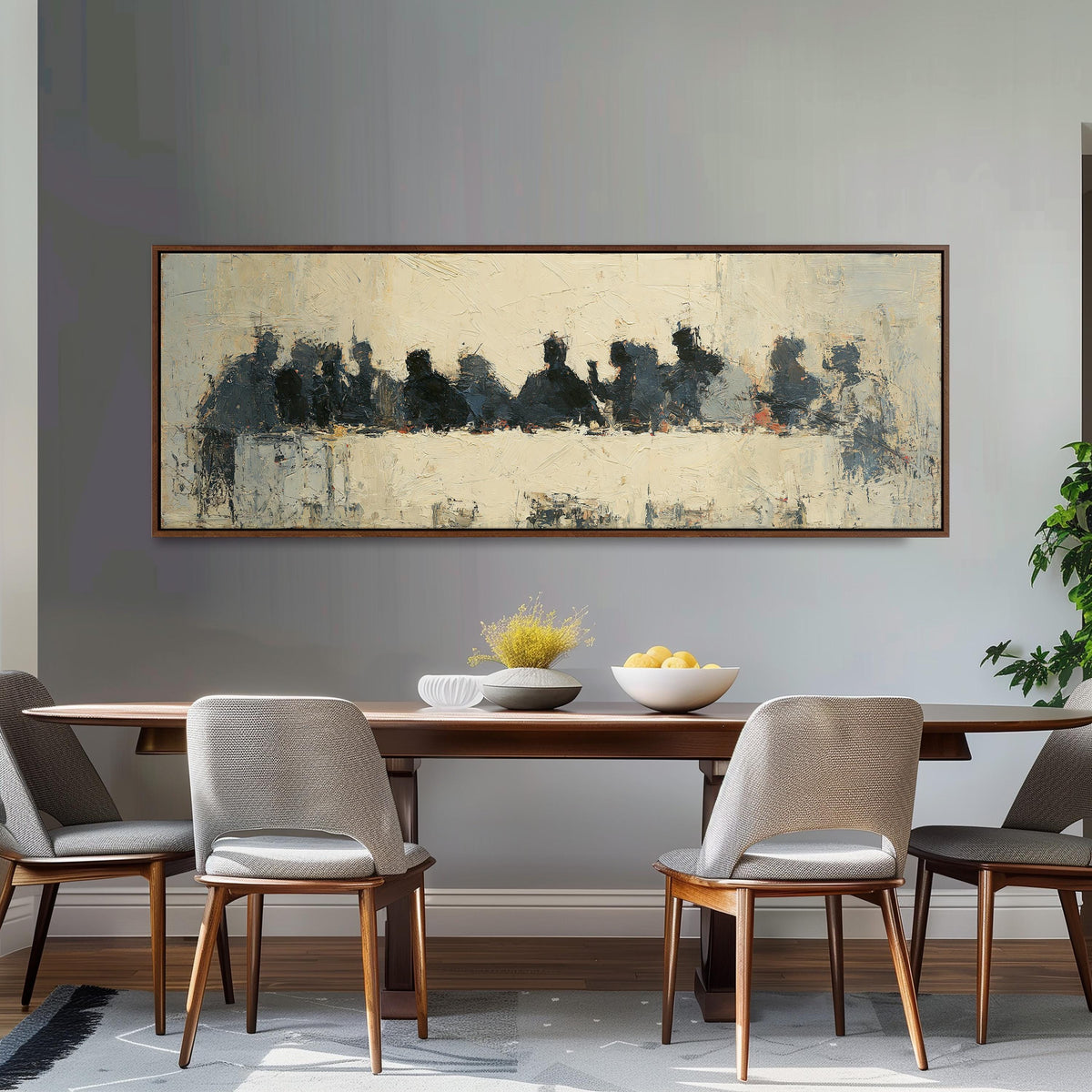 Abstract silhouette Last Supper long horizontal canvas print above a dining table