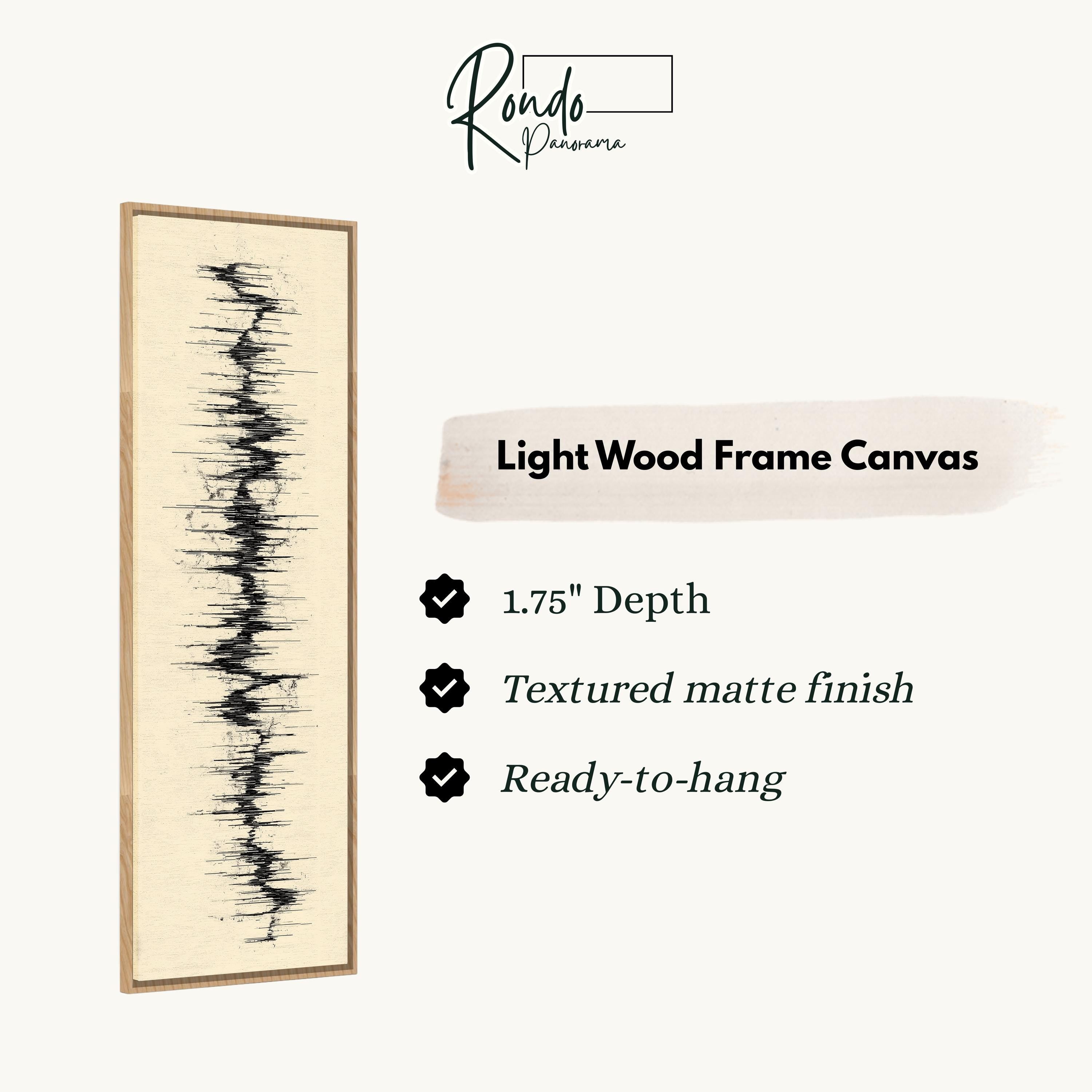 The image is a product description for a light wood frame canvas. It features a vertical line of black lines on a beige background, and provides details about the product, including its dimensions, finish, and hanging capabilities.