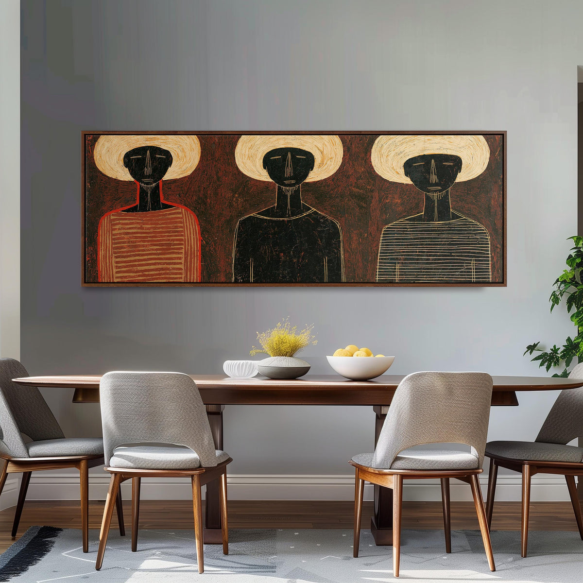 Three figures in striped shirts long horizontal canvas print above a dining table