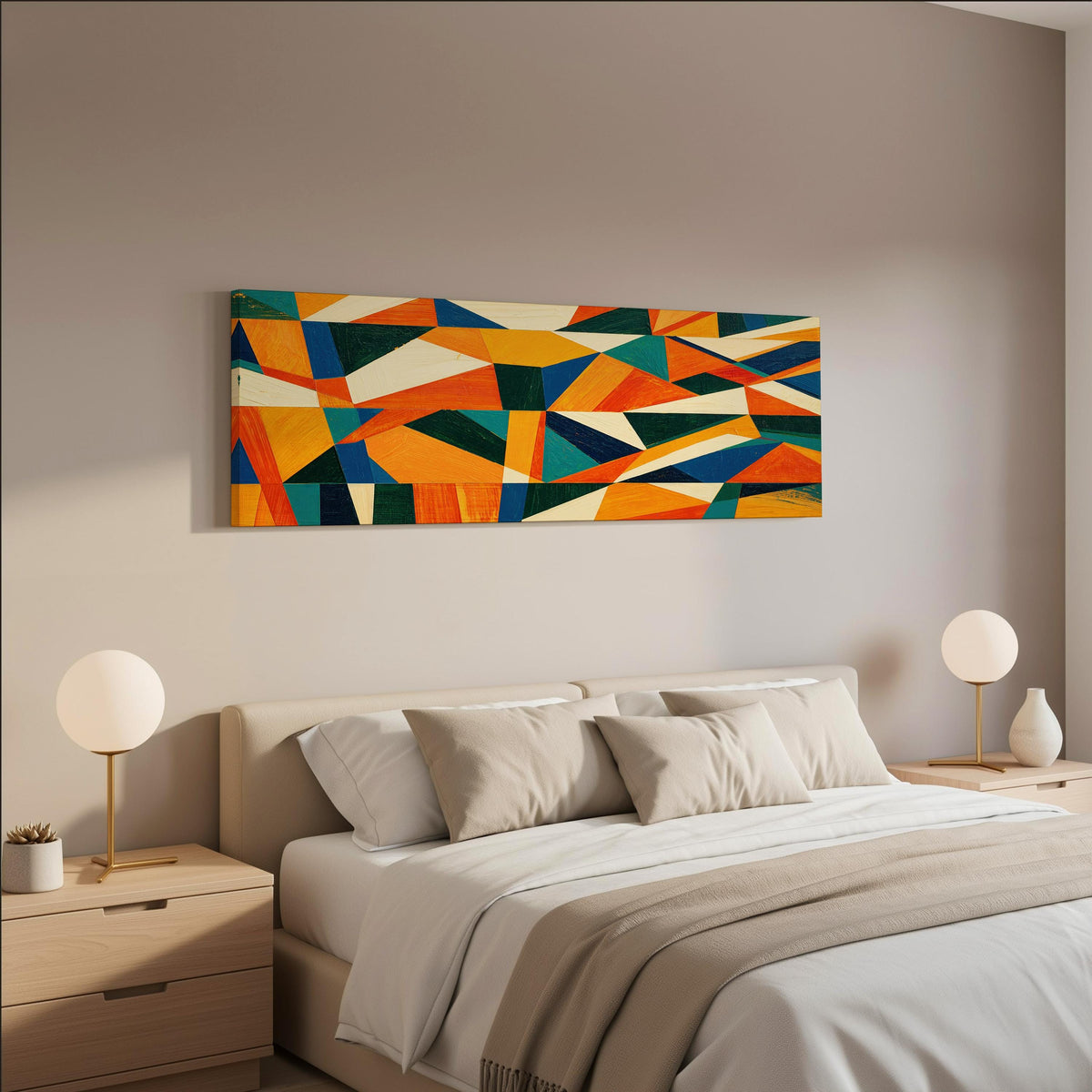 Orange and teal triangle mosaic wide panoramic canvas print above a bed in a neutral bedroom