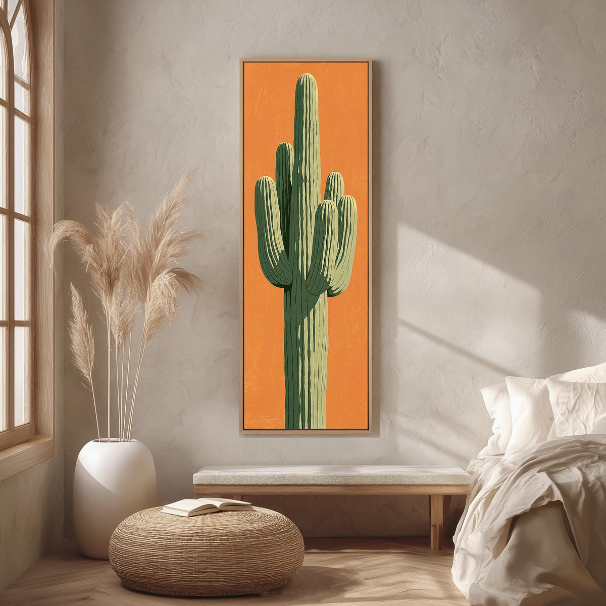 Saguaro cactus on orange long vertical canvas print in a bright reading corner