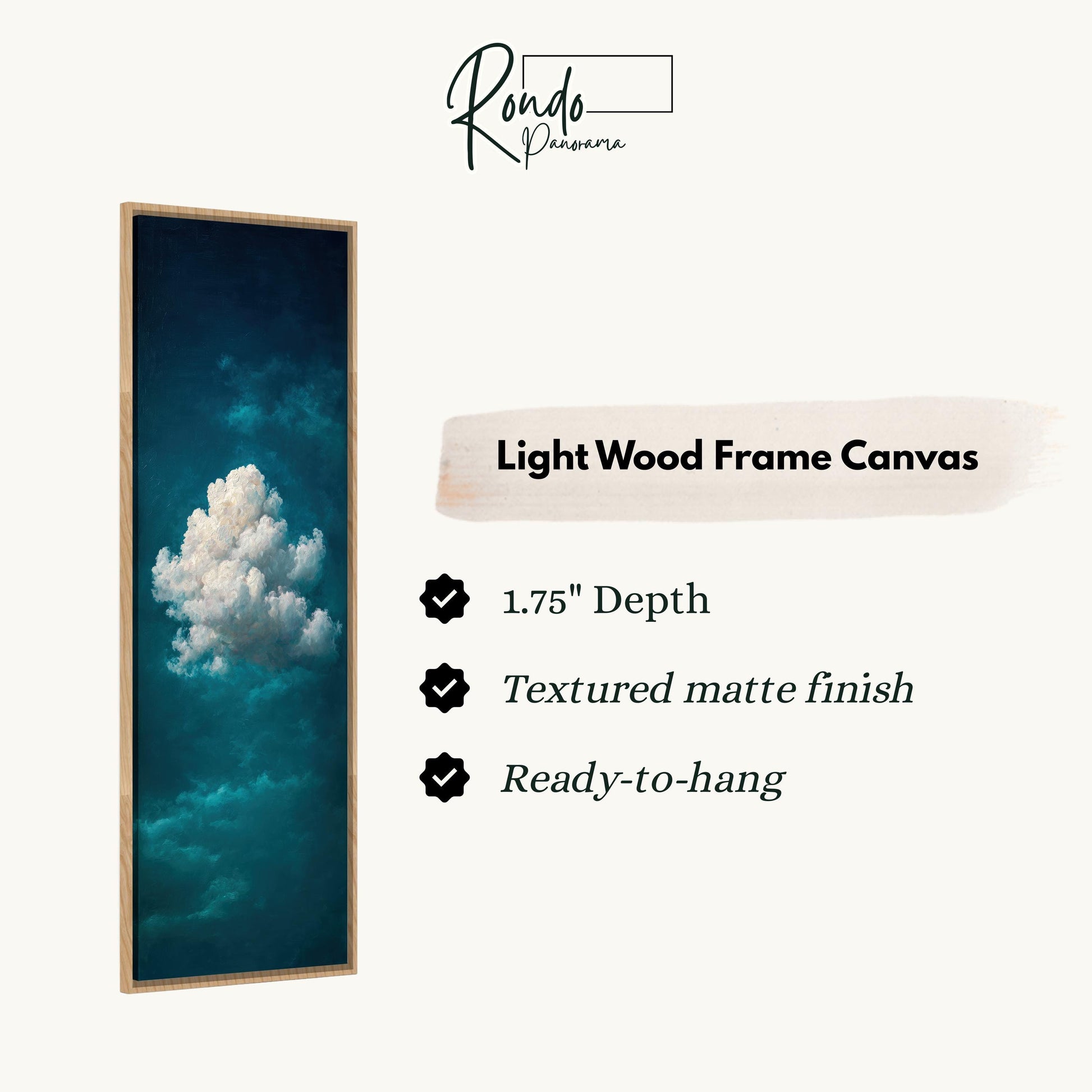 The image is a vertical wooden frame canvas with a close-up of a cloud in the sky.