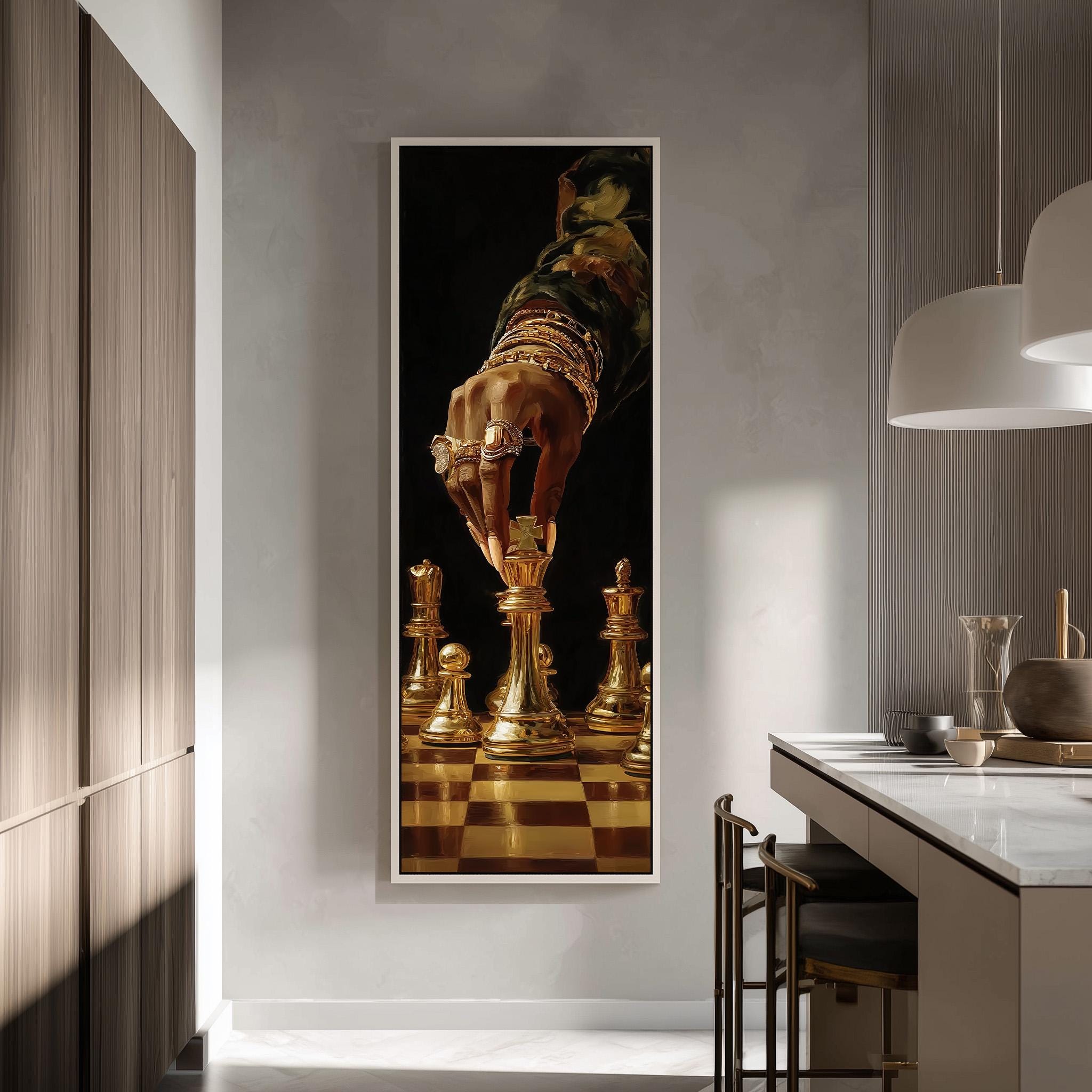 a large framed painting of a hand holding a chess piece, with a chessboard in the background.