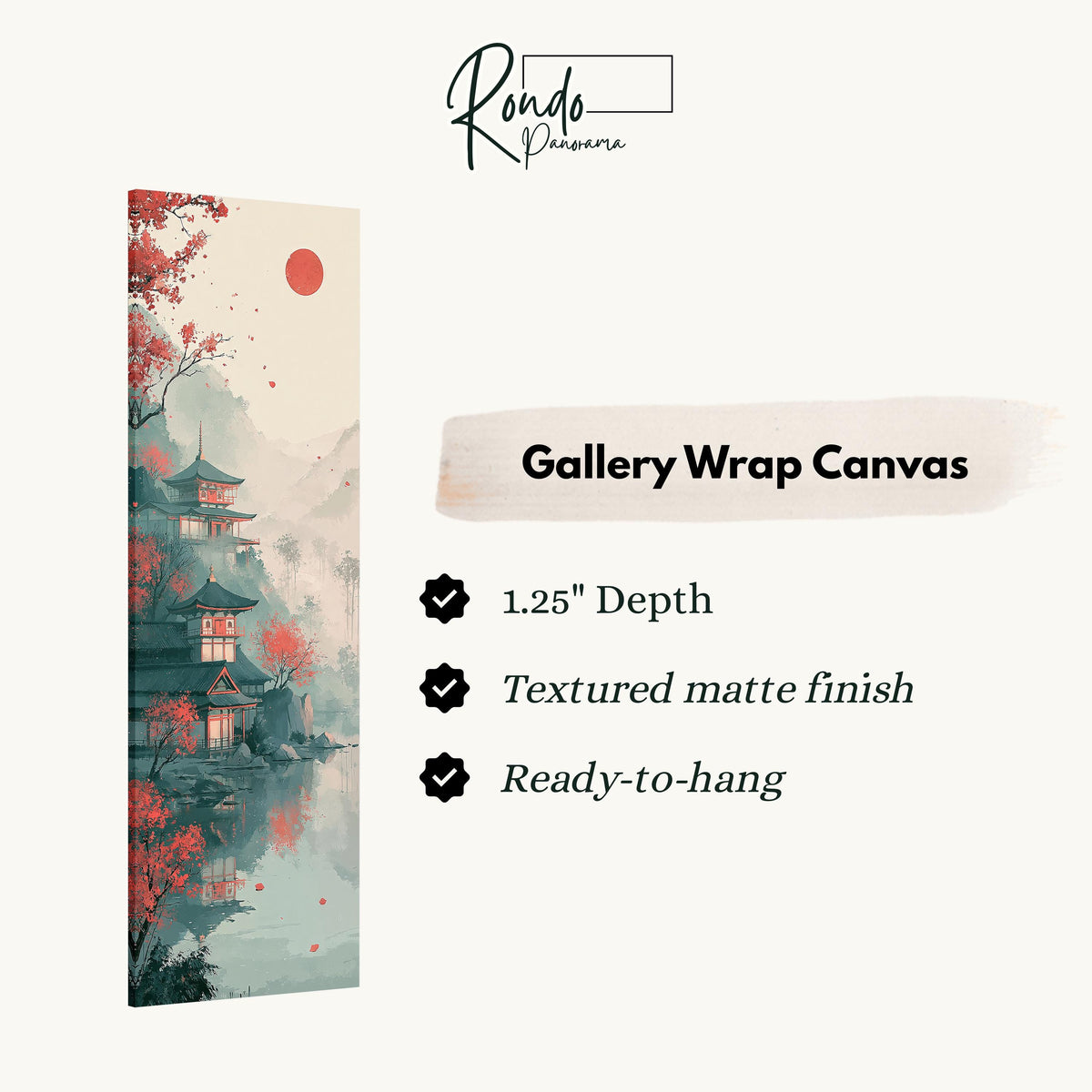 Pagoda by a misty lake under a red sun gallery wrap canvas with the image wrapped around the edges