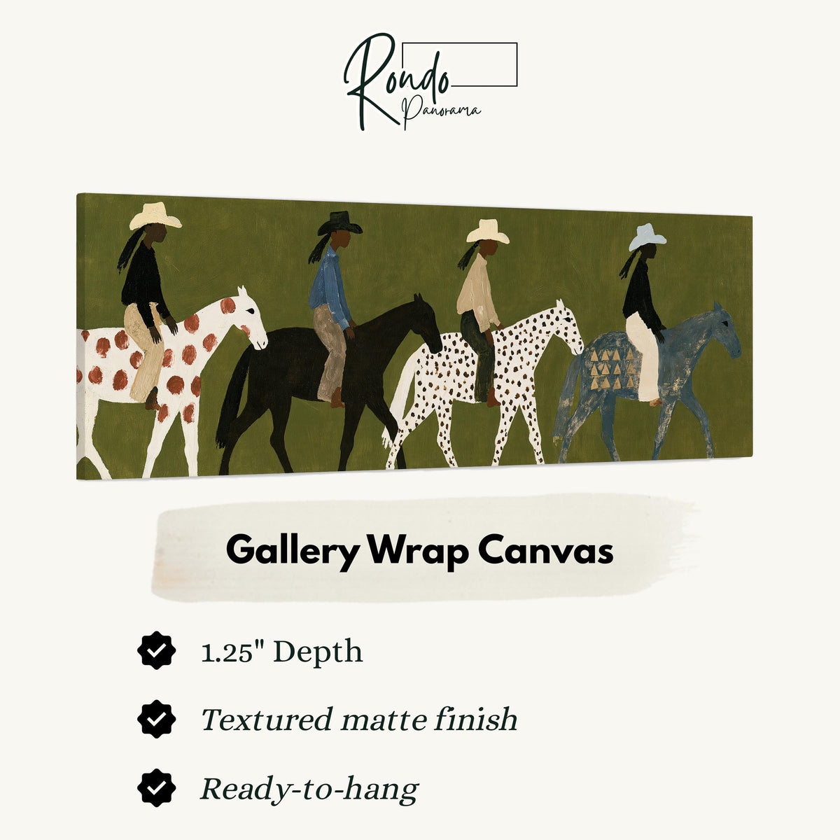 Riders on spotted ponies on olive green gallery wrap canvas with the image wrapped around the edges