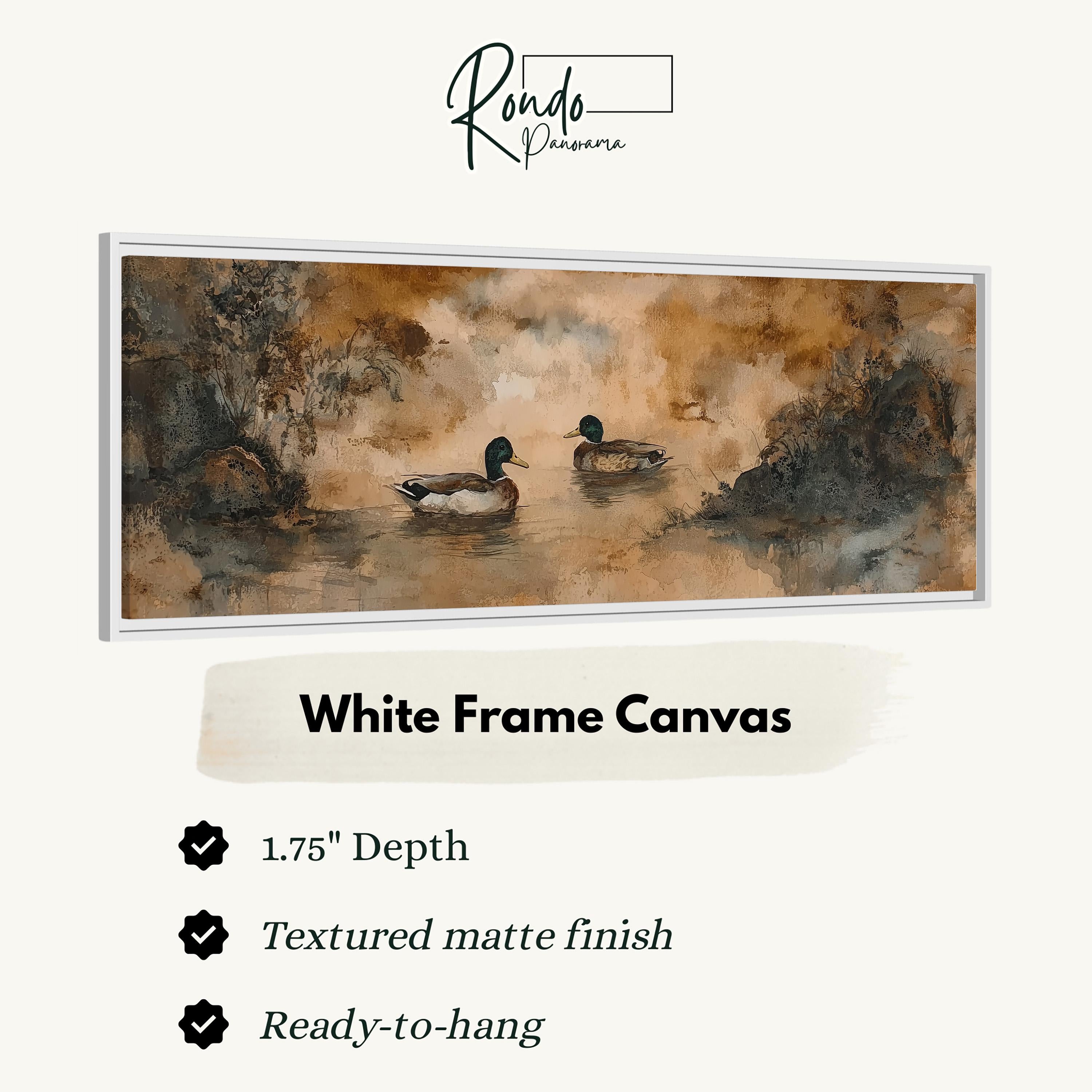 The image is a white frame canvas depicting two ducks swimming in a body of water.