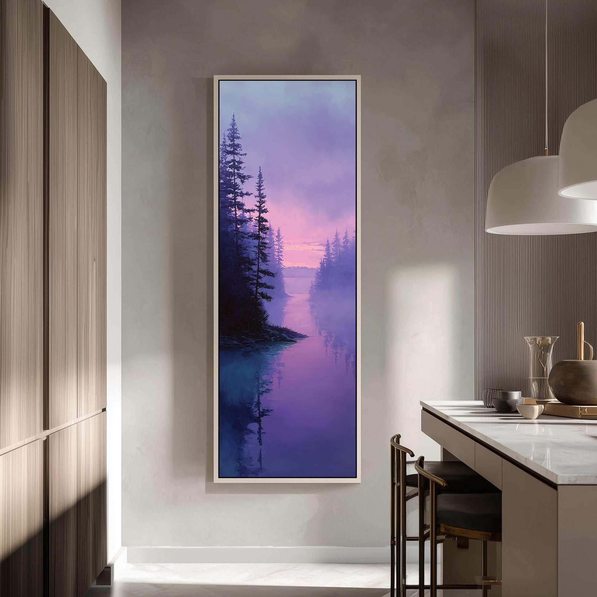 a large, framed painting of a serene landscape with a forest and a body of water, hanging on a wall in a modern, minimalist kitchen.