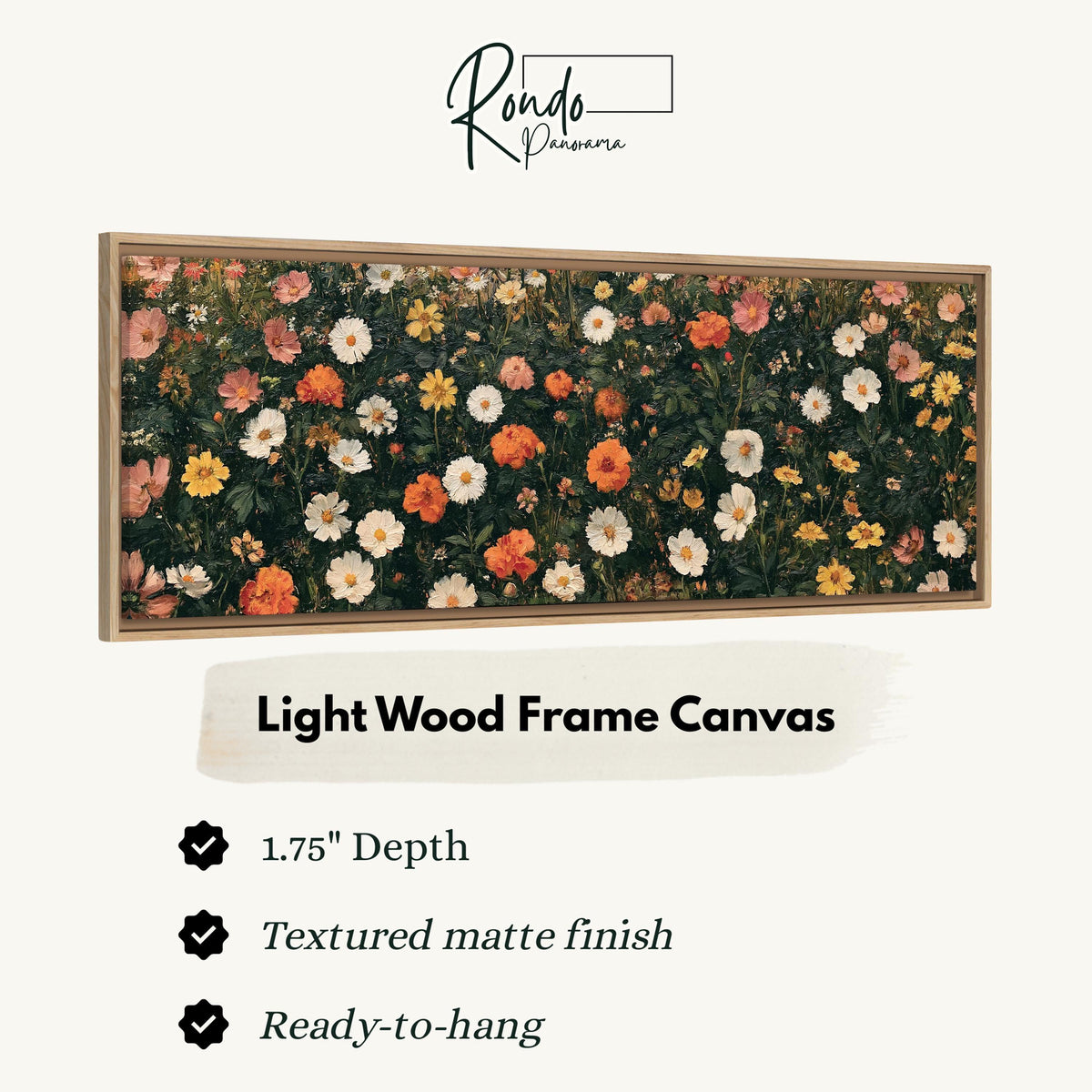 Blooming floral tapestry on dark green canvas print in a light wood floating frame