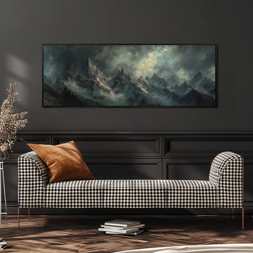 a large painting of a mountainous landscape hanging on a wall above a black and white checkered sofa with a brown throw pillow.