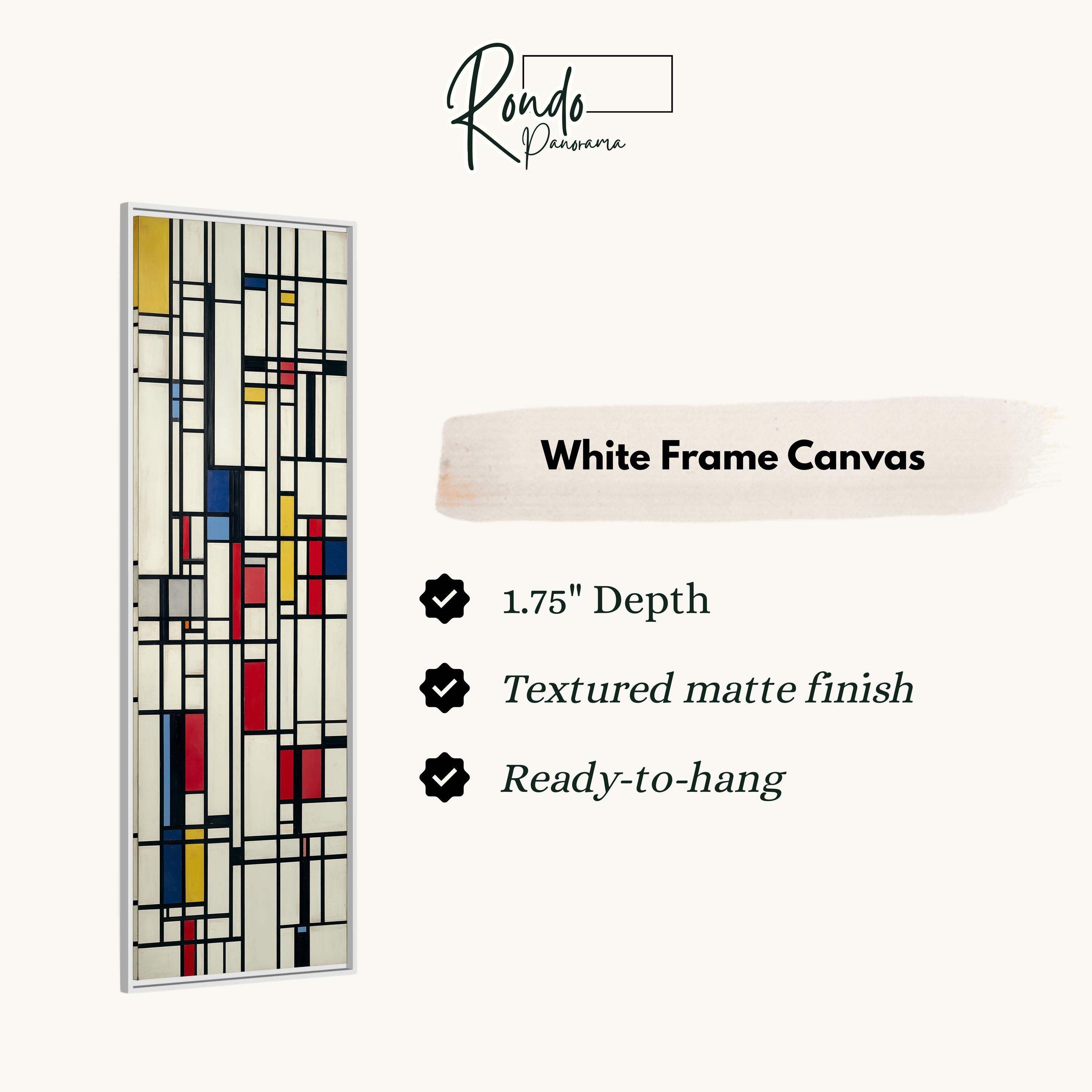 The image is a white frame canvas with a geometric abstract design in black, white, and red.