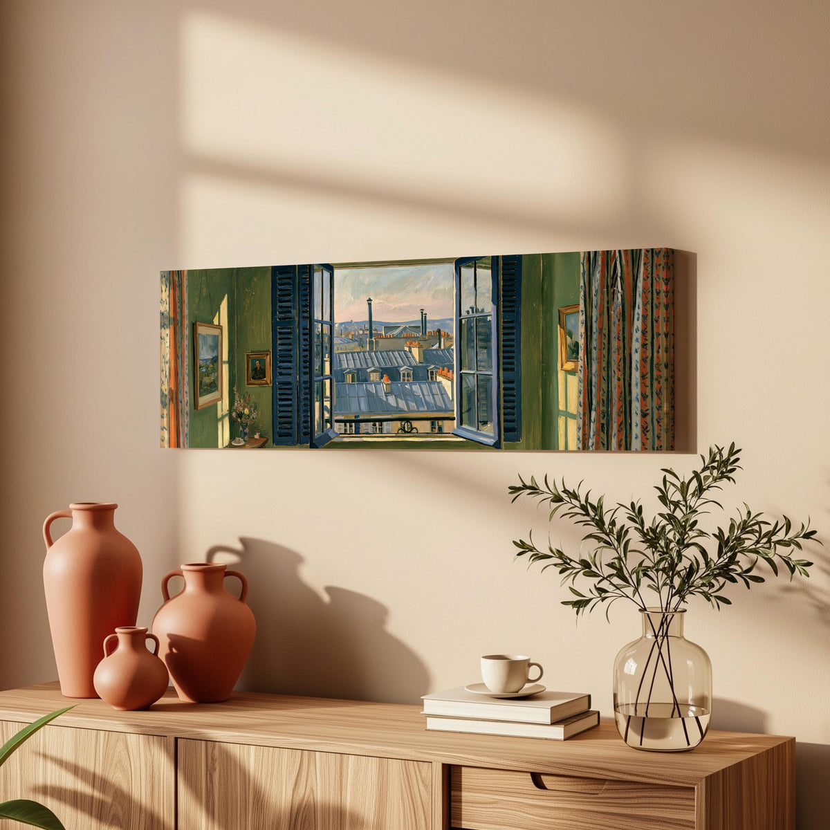 Paris zinc rooftops seen through a green room window long horizontal canvas print above a wooden sideboard