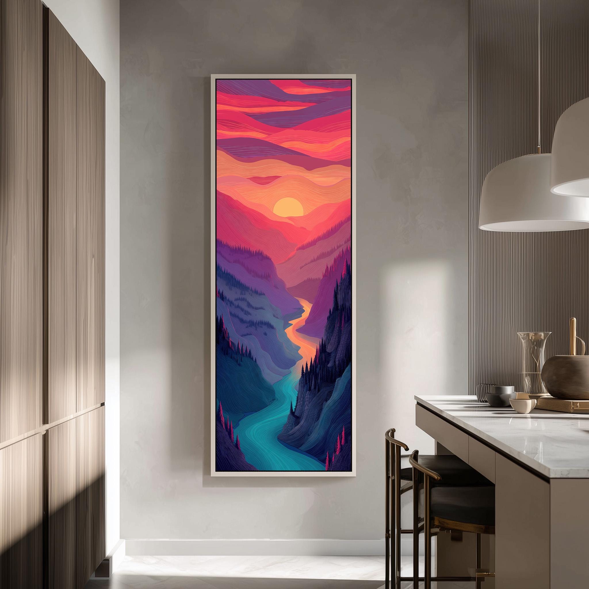 a large, colorful painting of a mountain landscape hanging on a wall in a modern kitchen.