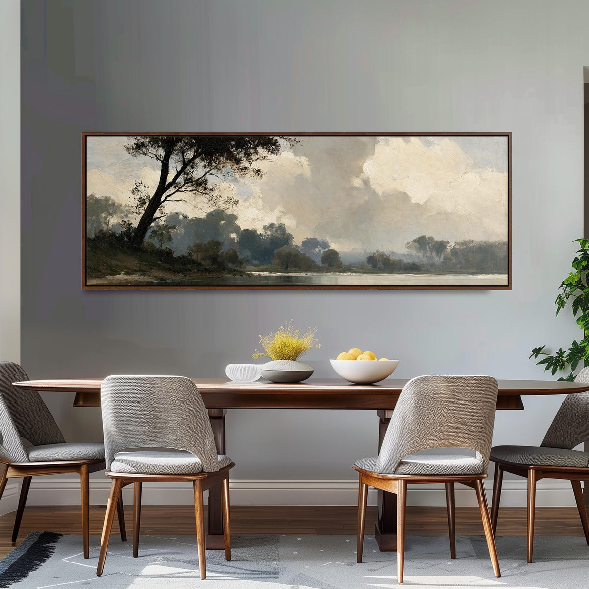 Misty river landscape in grey blue tones long horizontal canvas print above a dining table