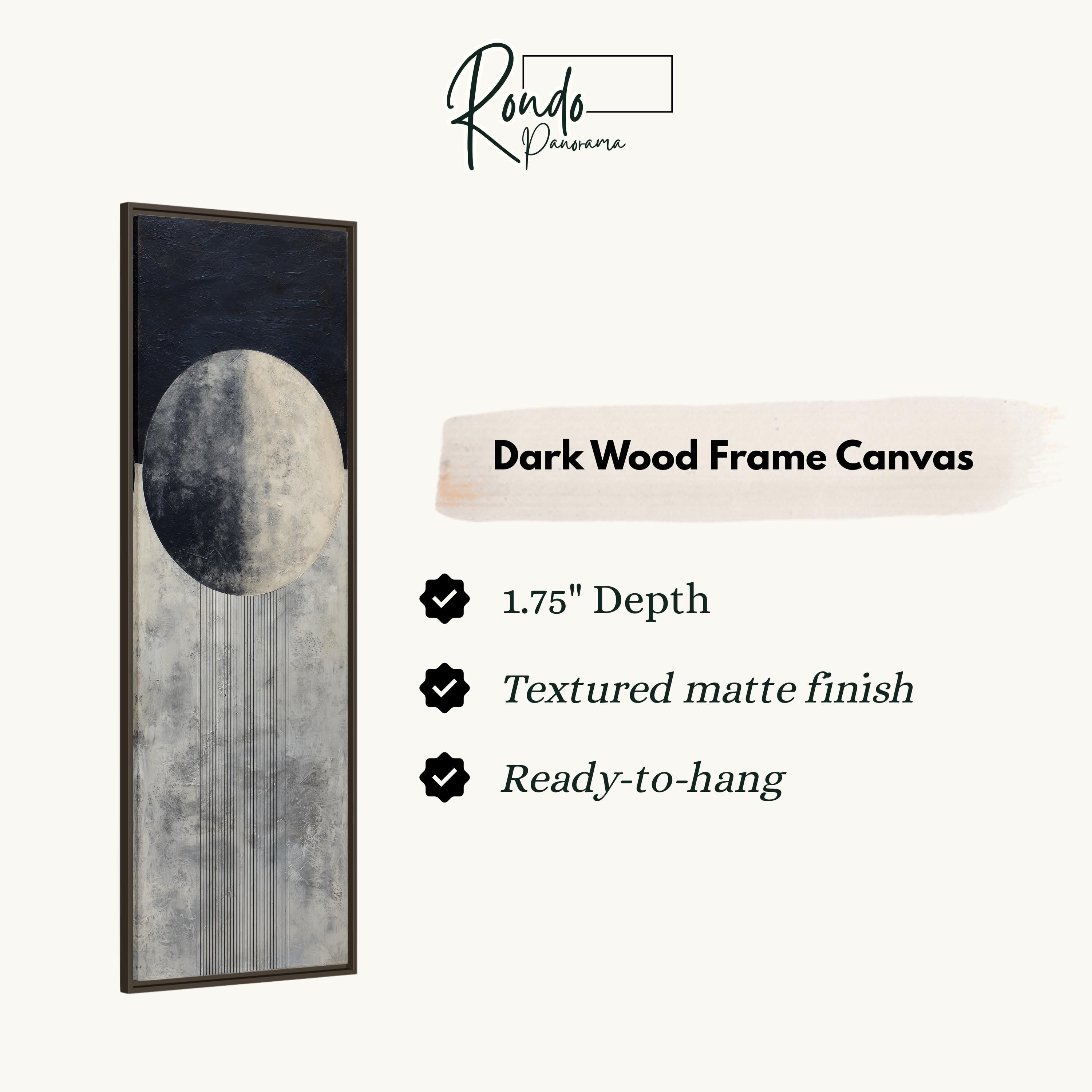 The image is a product description for a dark wood frame canvas. It features a black and white abstract painting of a circle and a line, with a description of the canvas's features and a checkmark indicating its quality.