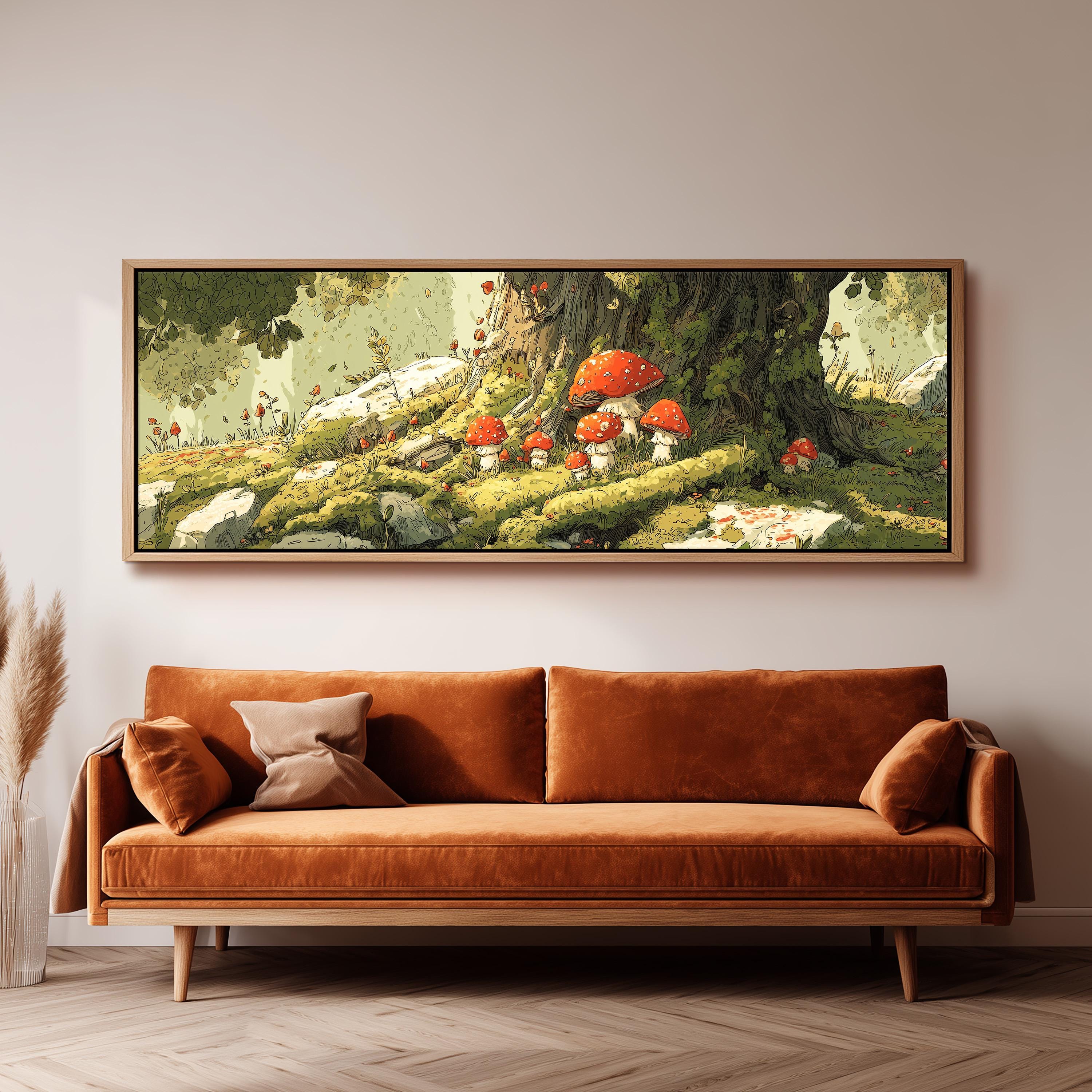 a large, framed painting of a forest scene with mushrooms and other natural elements. The painting is hung on a wall above a brown sofa, creating a cozy and inviting atmosphere in the room.