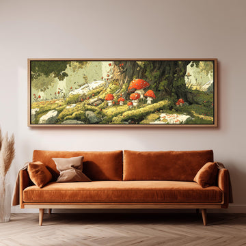 a large, framed painting of a forest scene with mushrooms and other natural elements. The painting is hung on a wall above a brown sofa, creating a cozy and inviting atmosphere in the room.