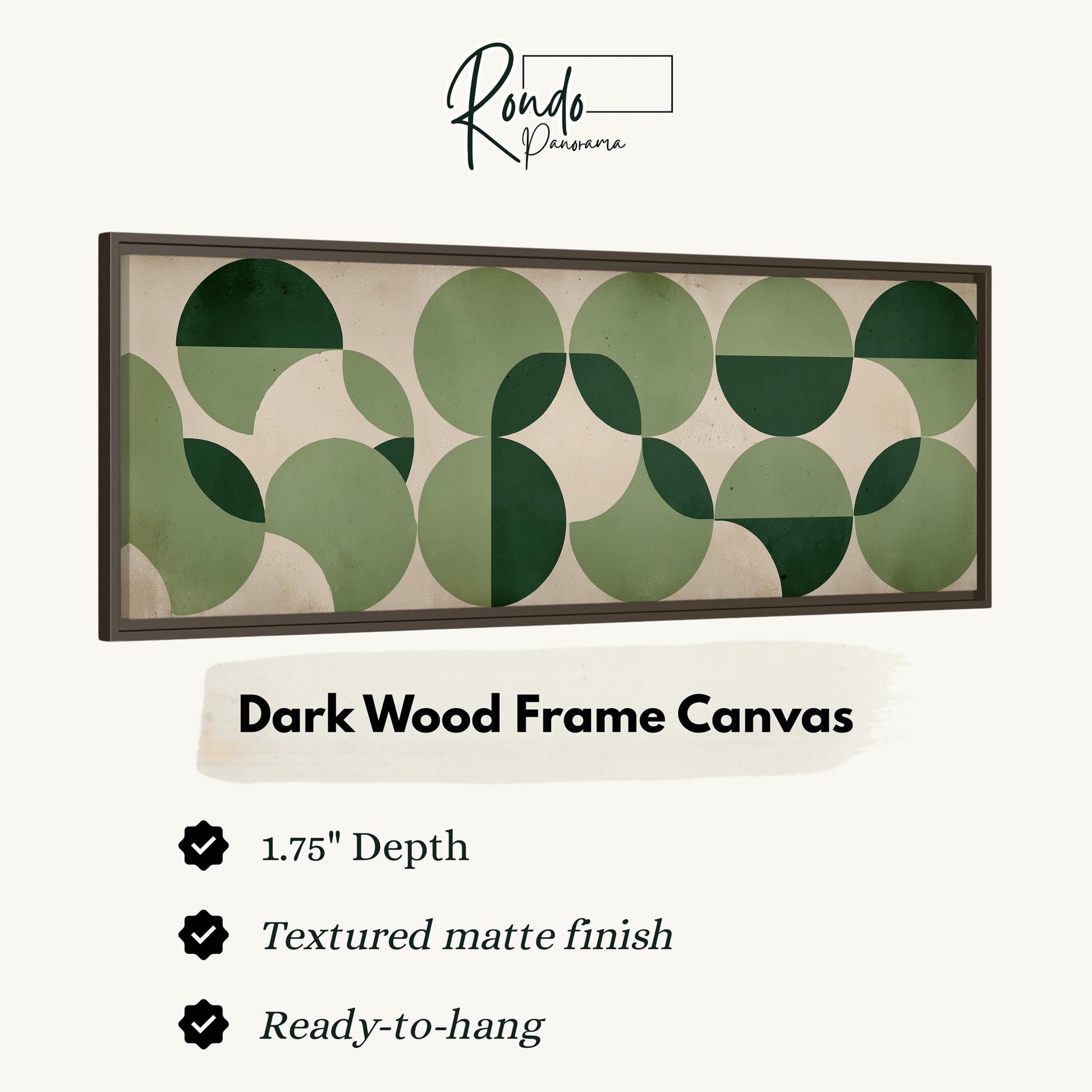 The image is a product advertisement for a dark wood frame canvas. It features a geometric design of green circles on a beige background, and provides details about the product, including its dimensions, finish, and hanging capabilities.