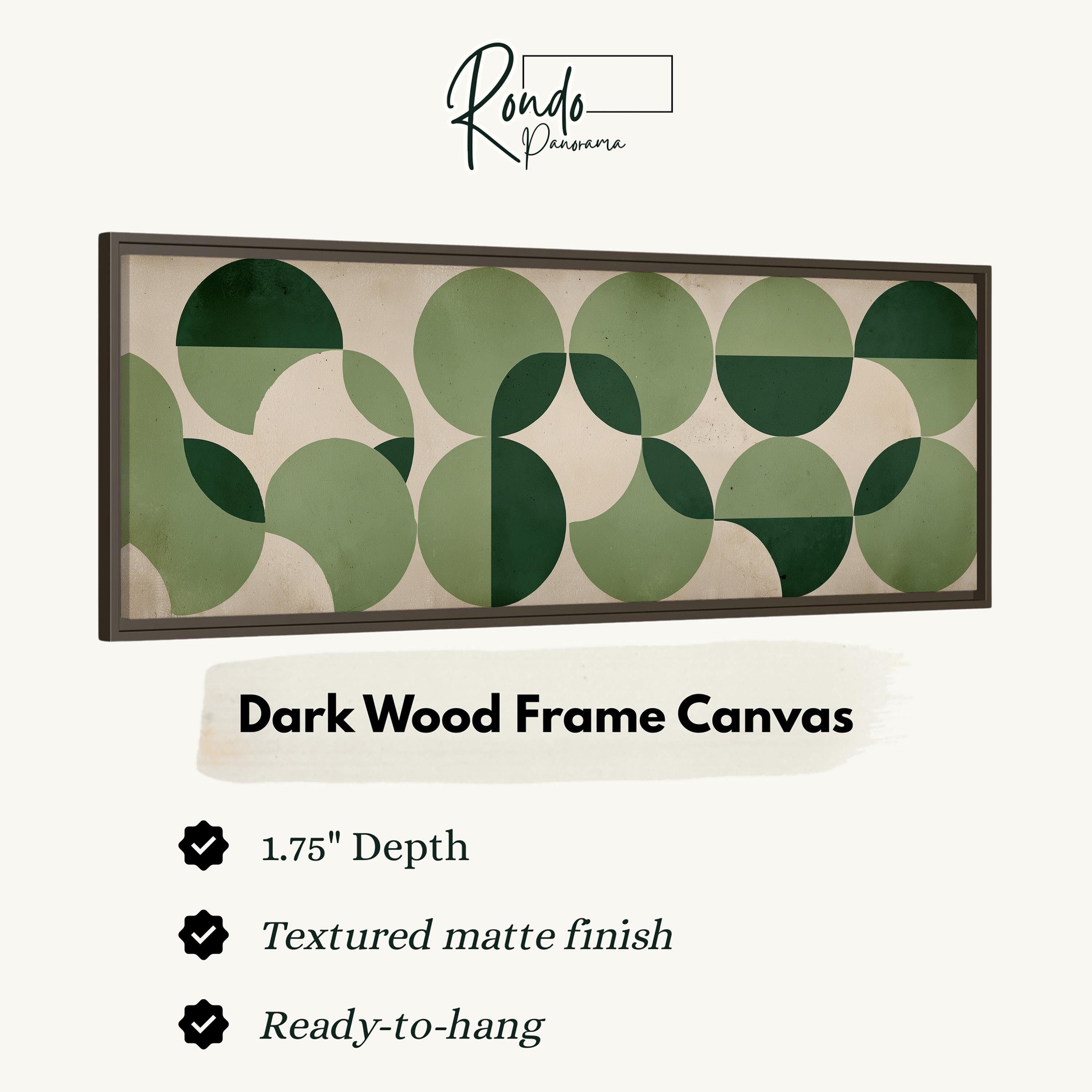 The image is a product advertisement for a dark wood frame canvas. It features a geometric design of green circles on a beige background, and provides details about the product, including its dimensions, finish, and hanging capabilities.