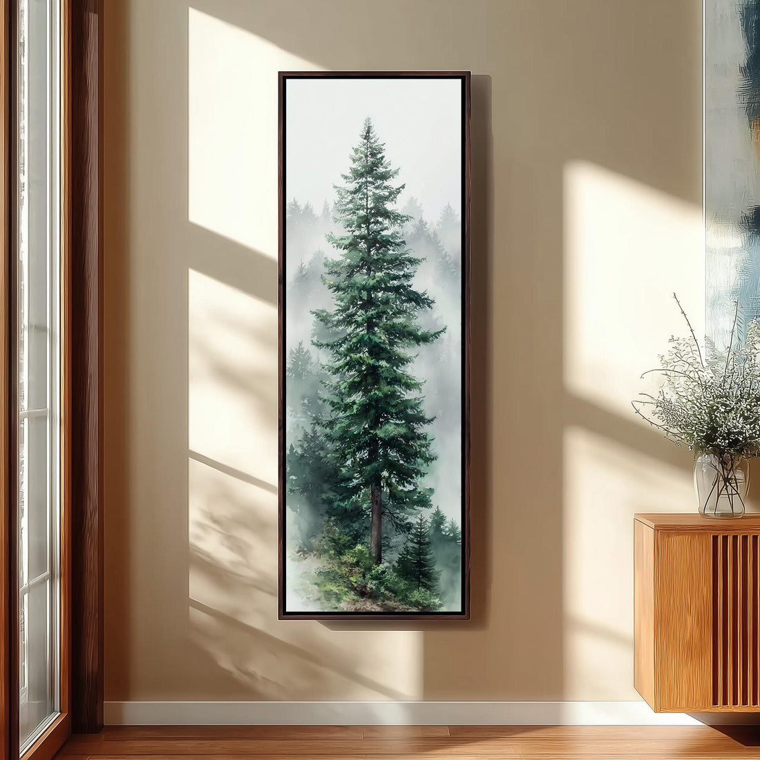 a large painting of a tall pine tree hanging on the wall of a room with wooden stairs and a bench.
