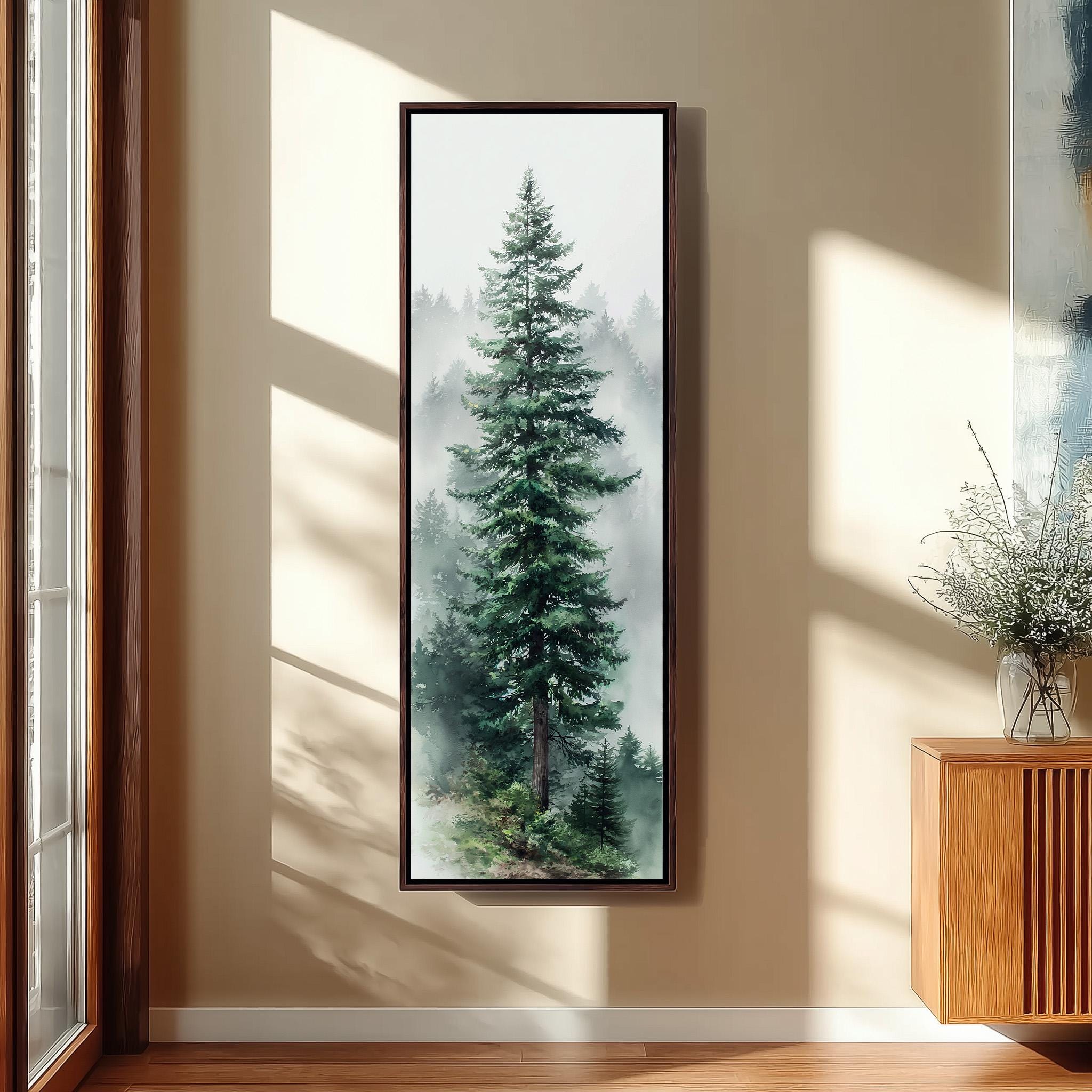 a tall, lush green pine tree in a forest setting, with sunlight streaming through a window and casting shadows on the wall.