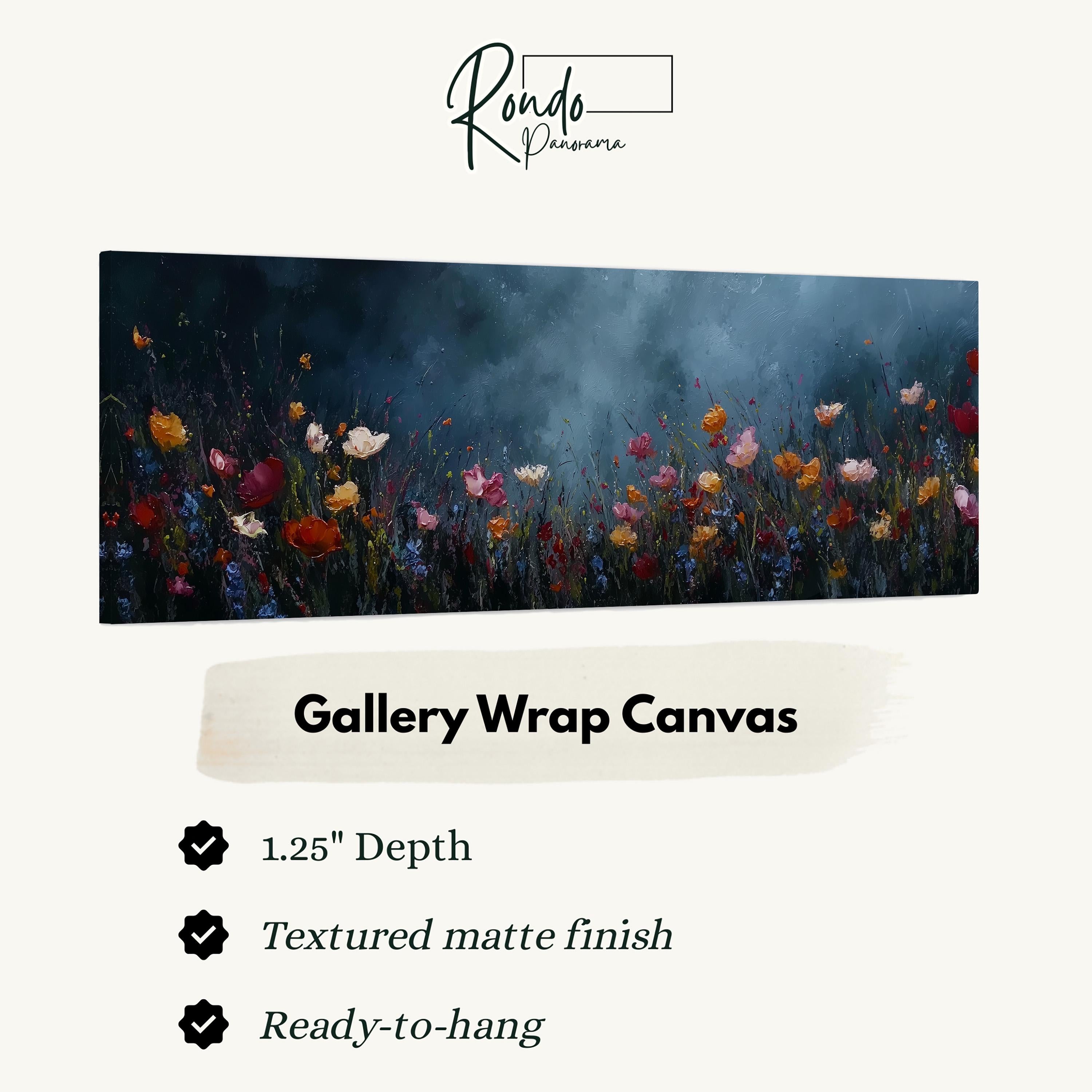 The image is a gallery wrap canvas featuring a vibrant field of colorful flowers against a dark background.