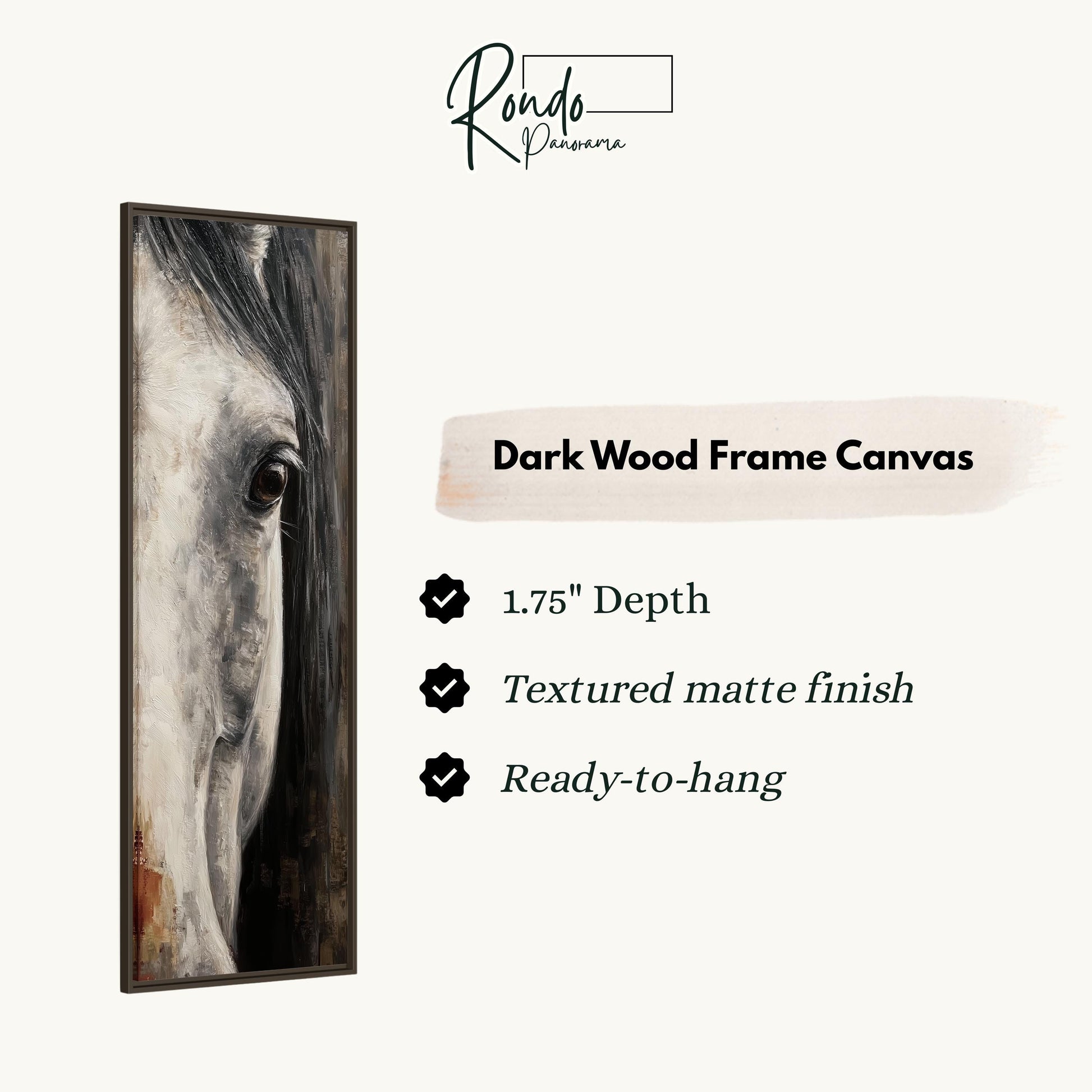 The image is a close-up of a horse's eye in a dark wood frame, accompanied by text describing the features of the frame.