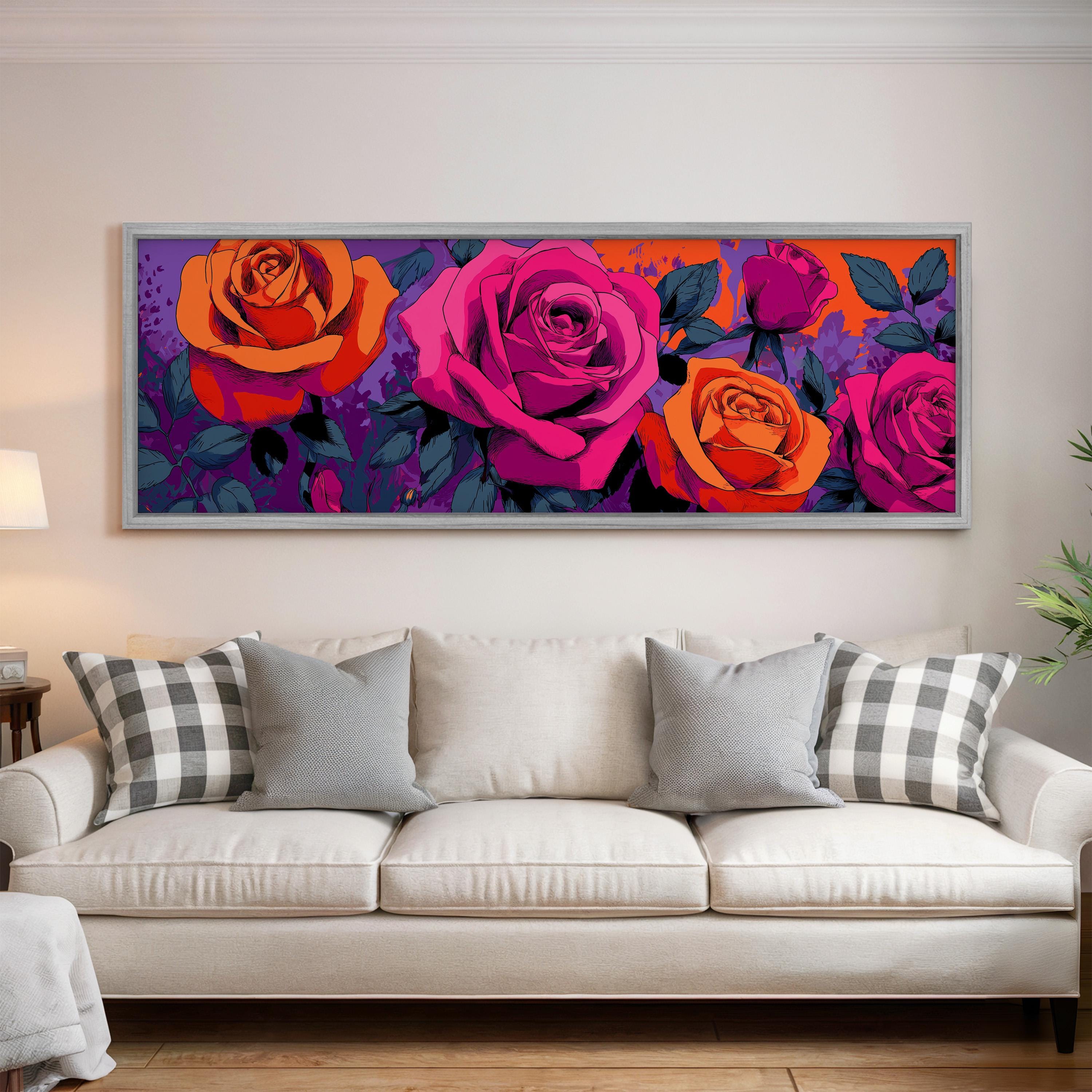 a large, colorful painting of roses hanging on a wall above a white couch in a living room.