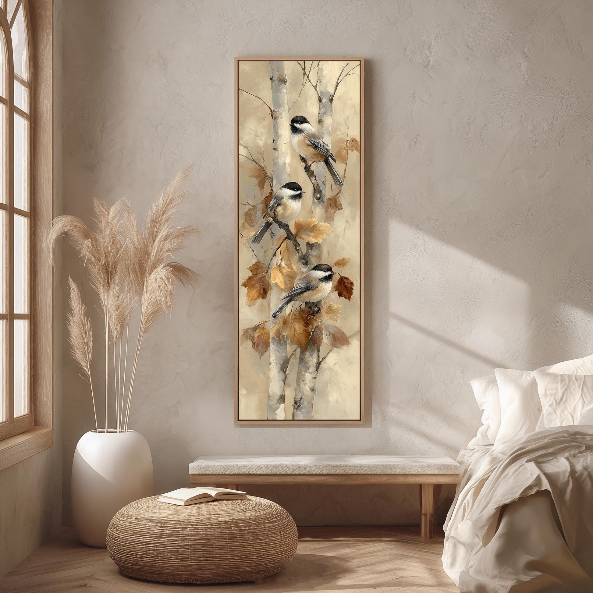 a painting of three chickadees perched on a tree branch, hanging on a wall in a room with a large window, a white bench, and a woven ottoman.
