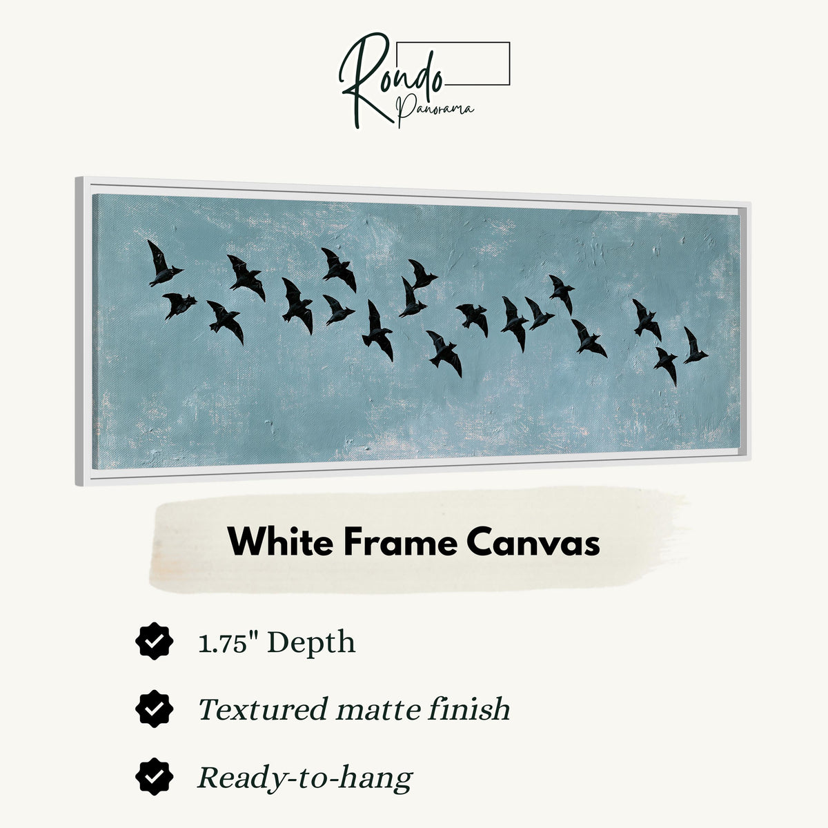 Flock of black birds on a teal sky canvas print in a white floating frame