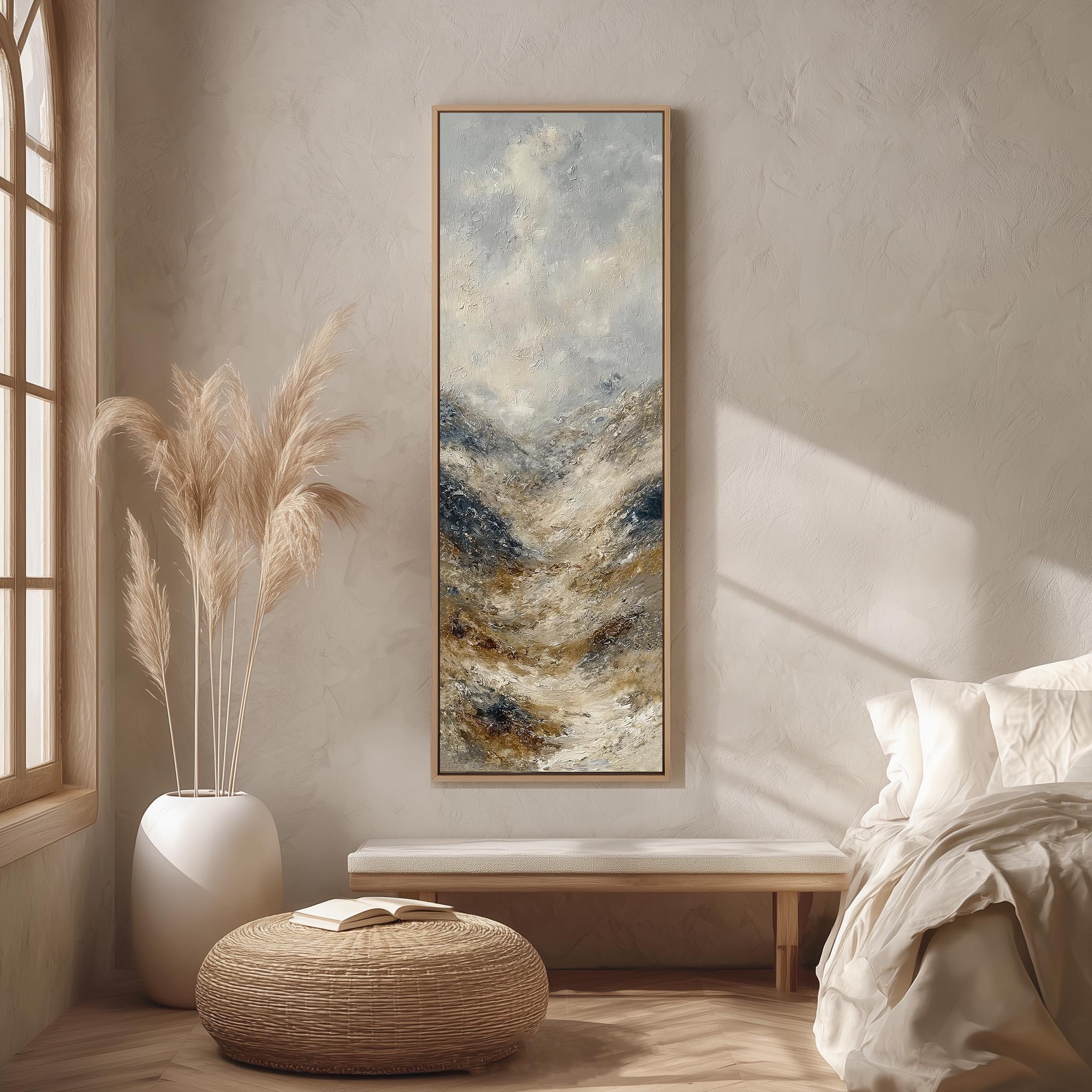 a serene and cozy bedroom with a large painting of a mountain landscape hanging on the wall. The room is adorned with a white bed, a wicker ottoman, and a potted plant, creating a harmonious and inviting atmosphere.