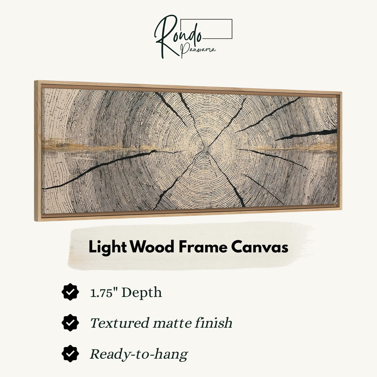 Pale gold wood ring canvas print in a light wood floating frame