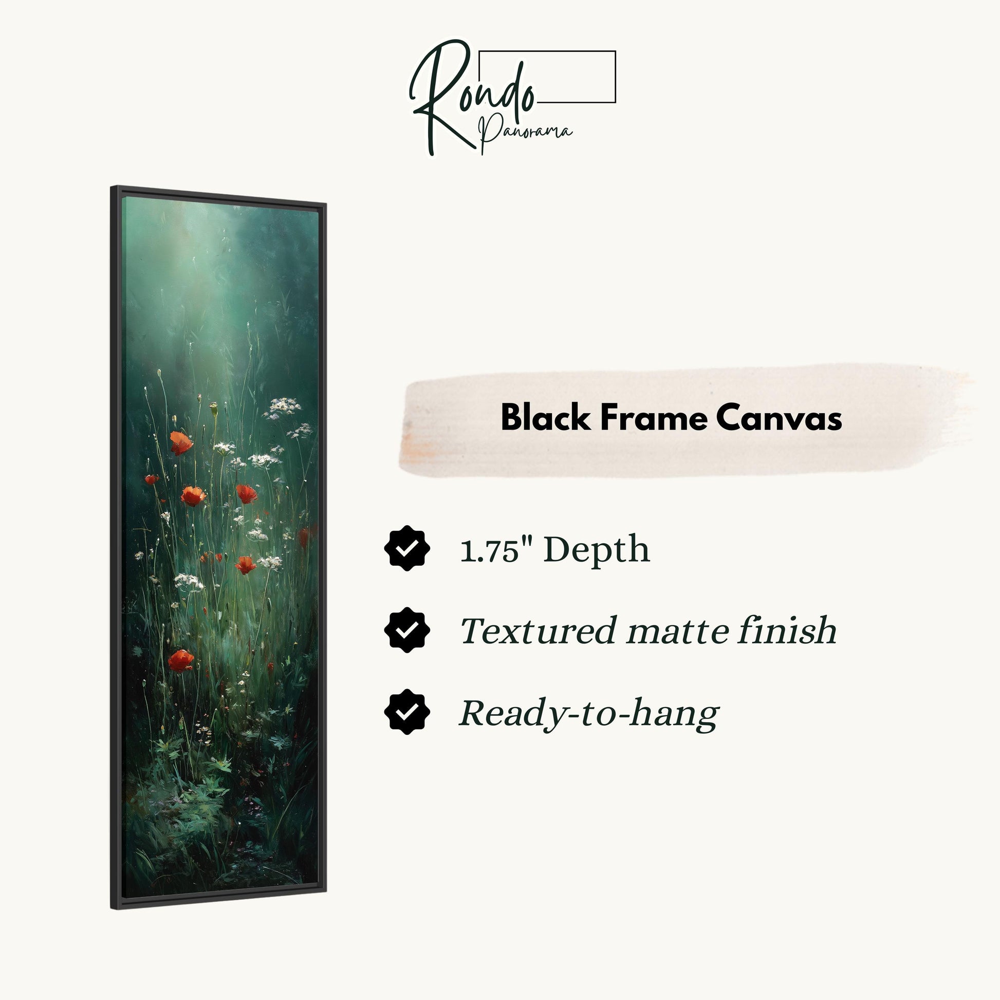 The image is a black frame canvas depicting a lush green field with red flowers.
