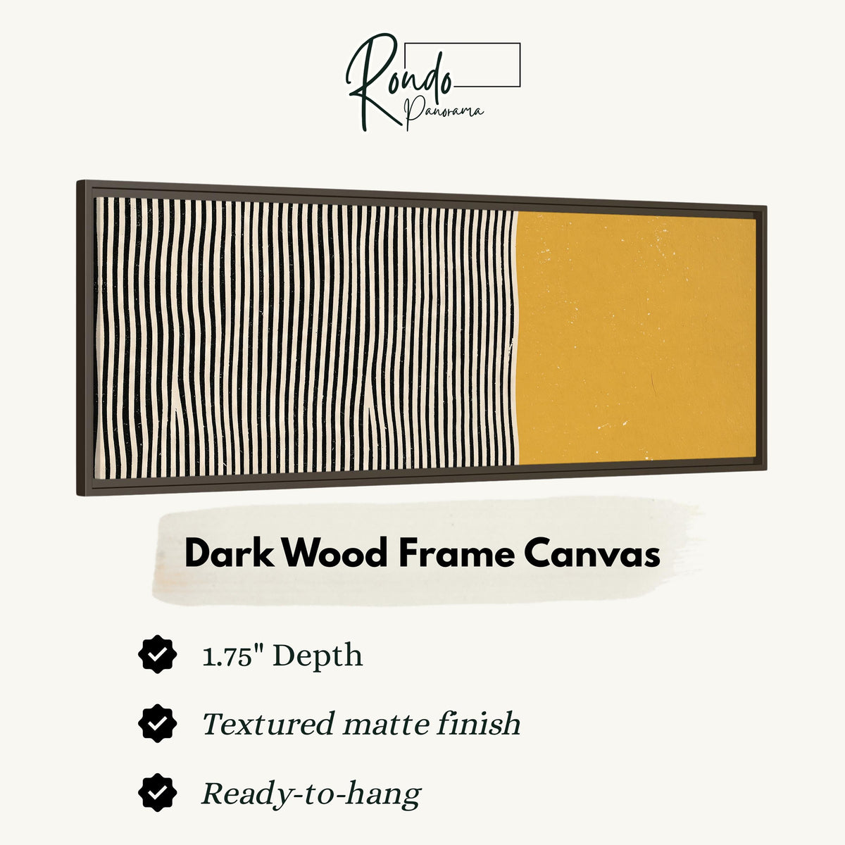 Black wavy stripes beside a mustard block canvas print in a dark wood floating frame