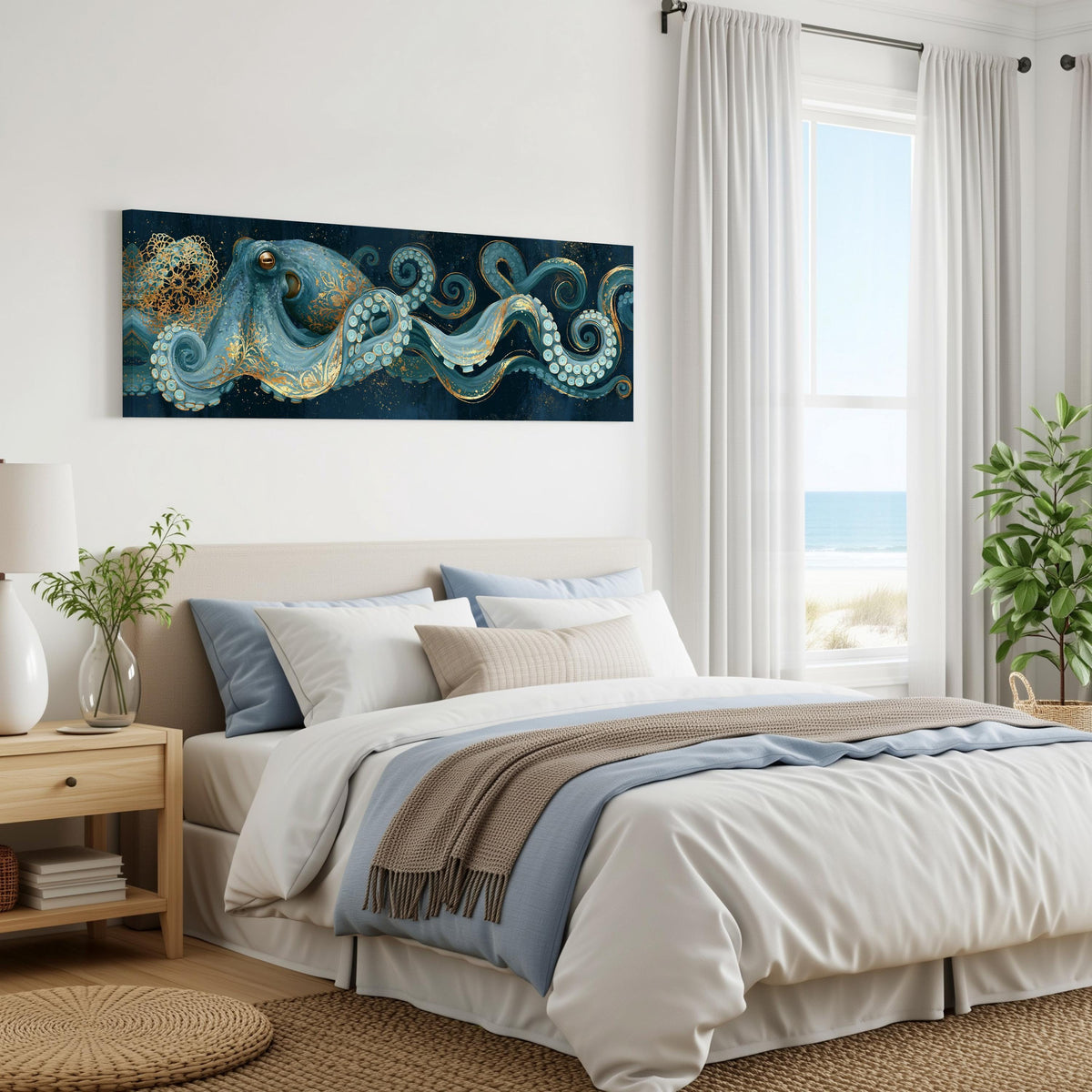 Blue and gold octopus panoramic canvas print above a bed in a coastal bedroom