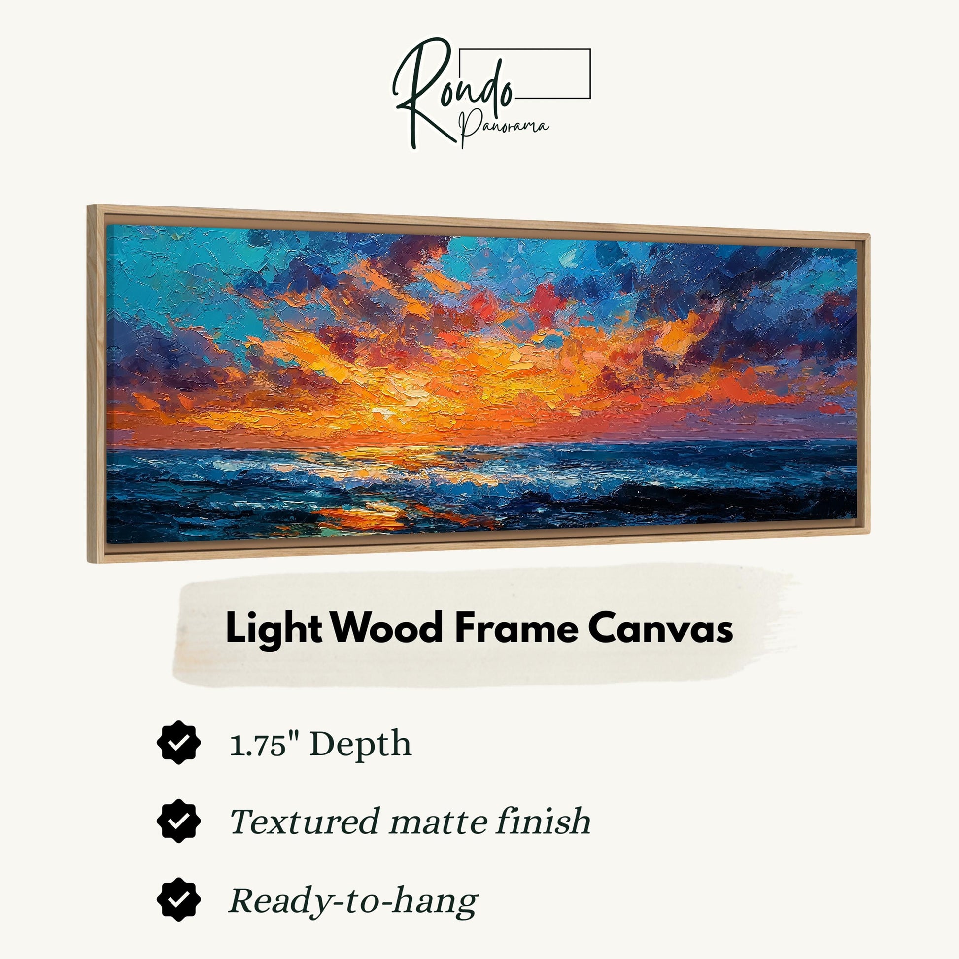 The image is a framed artwork depicting a sunset over the ocean.