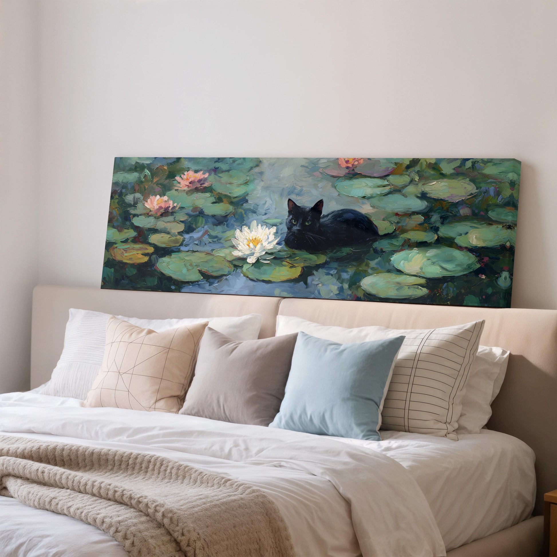 a large painting of a black cat sitting on a lily pad in a pond, surrounded by lily pads and flowers.