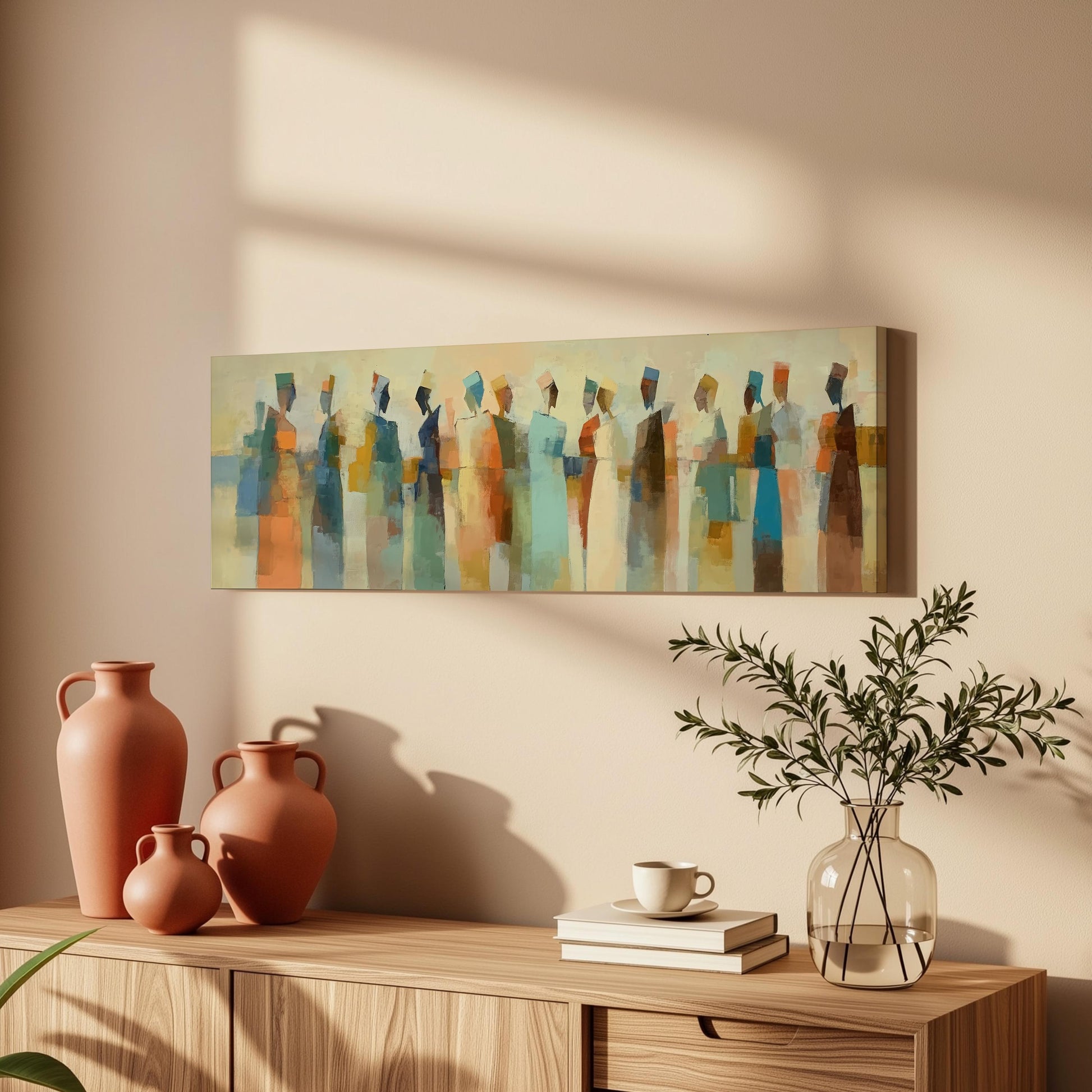 a wooden cabinet with a painting of abstract figures hanging on the wall above it. The cabinet also has three orange vases and a glass vase with greenery on top.